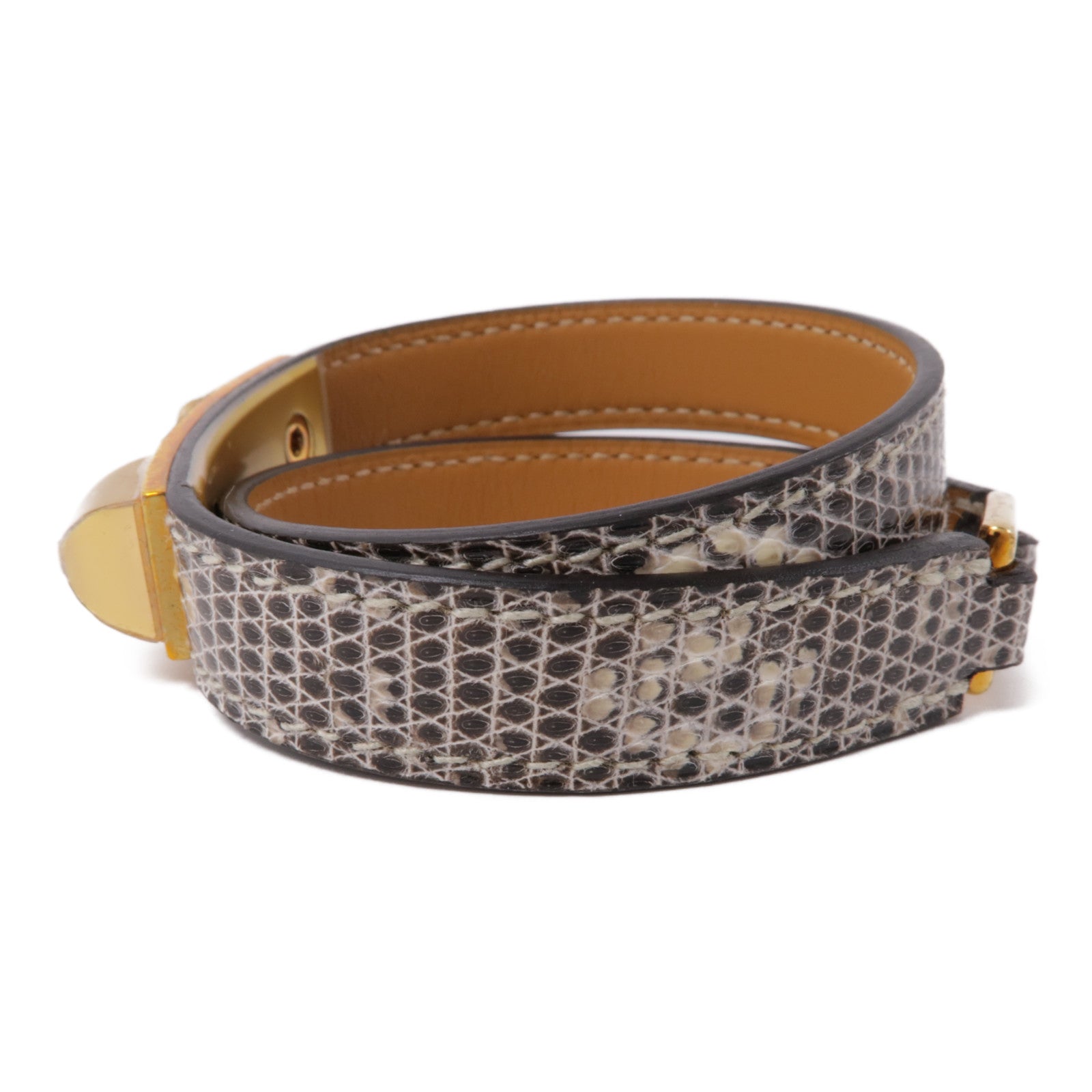 HERMES 蜥蝪皮革Rivale Double Tour金扣手鐲灰色