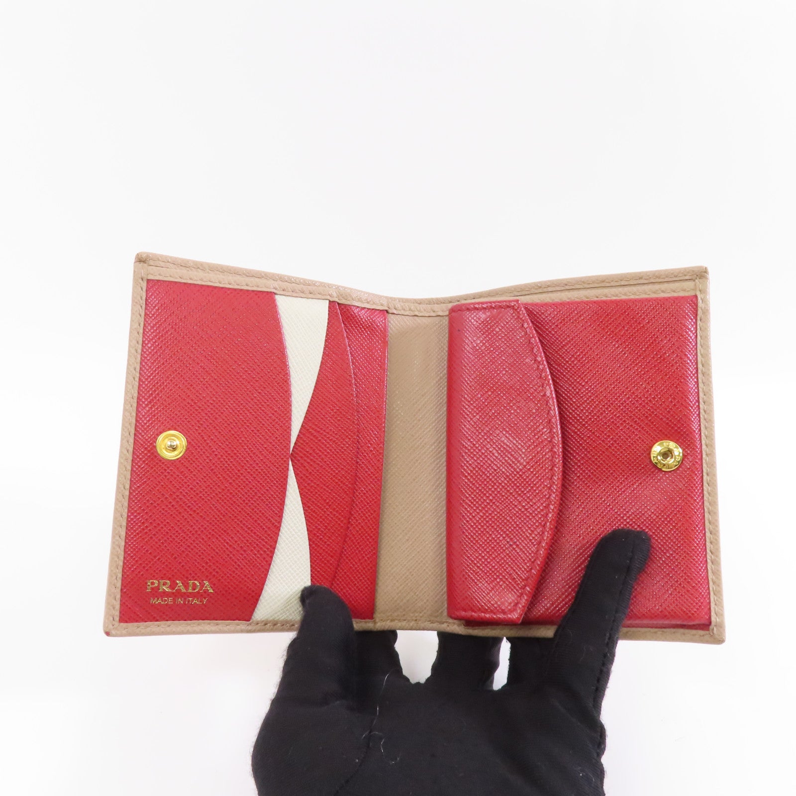 PRADA Saffiano皮革Wallet金扣錢包米色