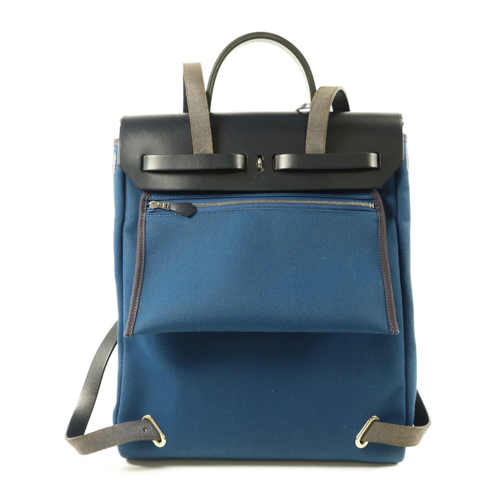 HERMES 帆布Herbag Backpack銀扣背包Deep Blue/Bleu Nuit