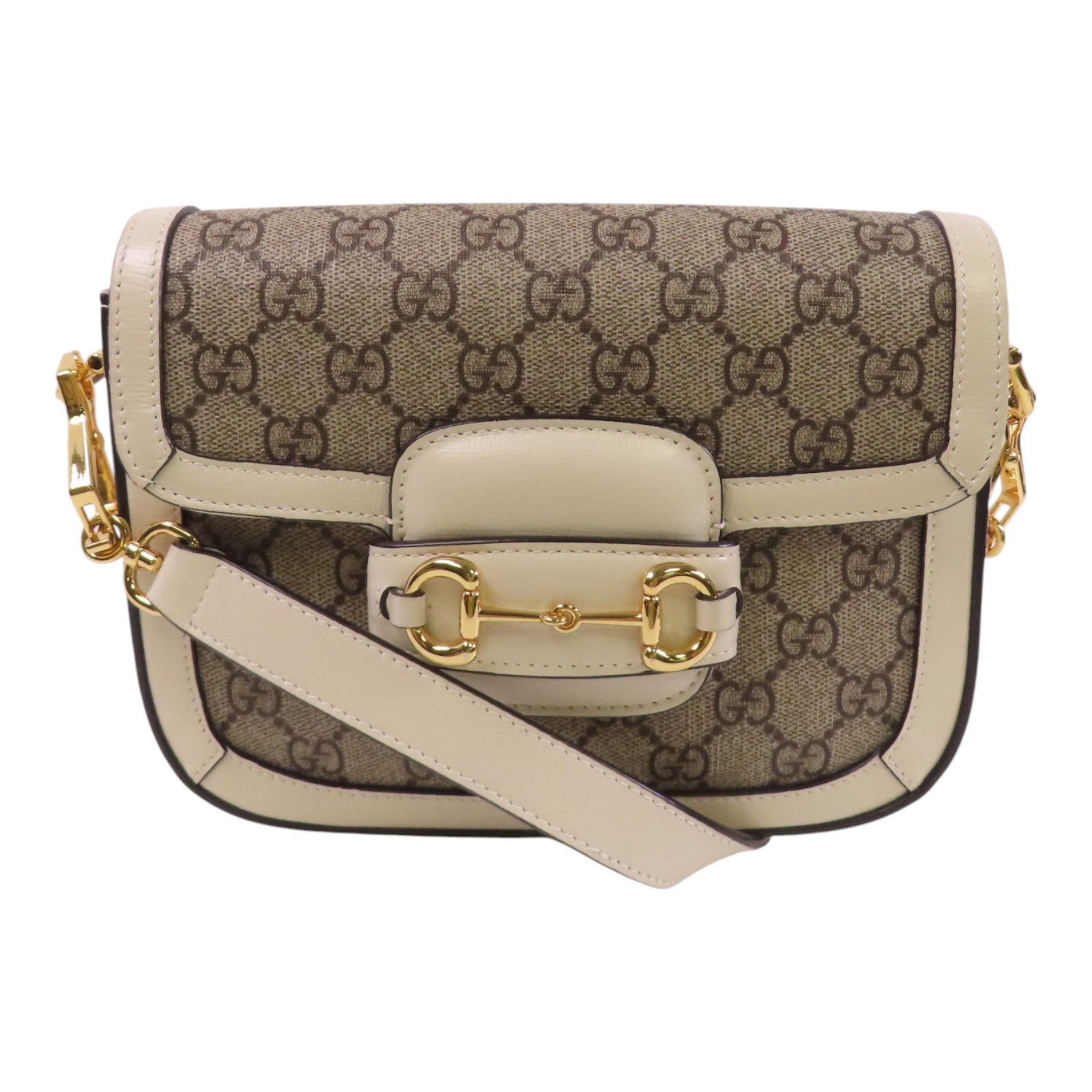 GUCCI 塗層帆布/牛皮皮革Horsebit 1955金扣肩背袋