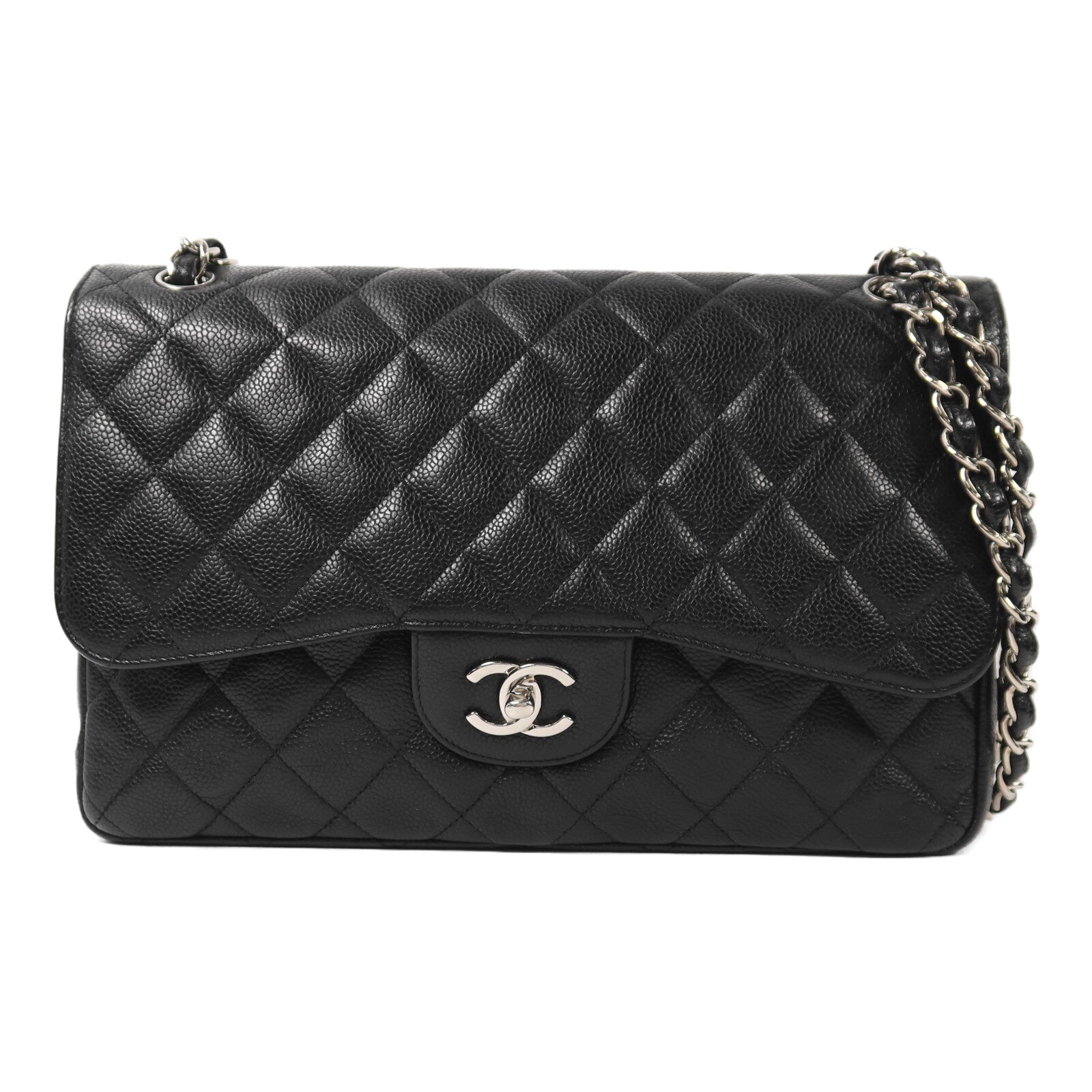 CHANEL 牛皮皮革Large Classic銀扣鏈帶肩背袋