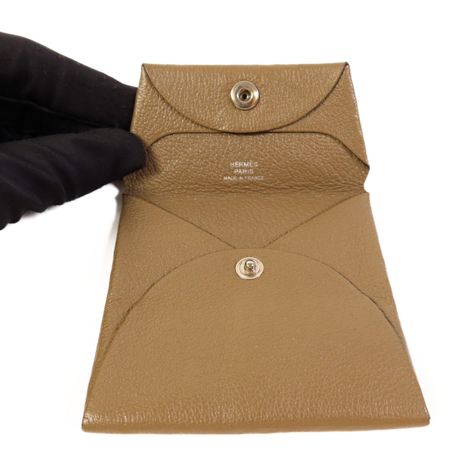 HERMES Chevre皮革Bastia Coin Purse銀扣零錢包Etoupe
