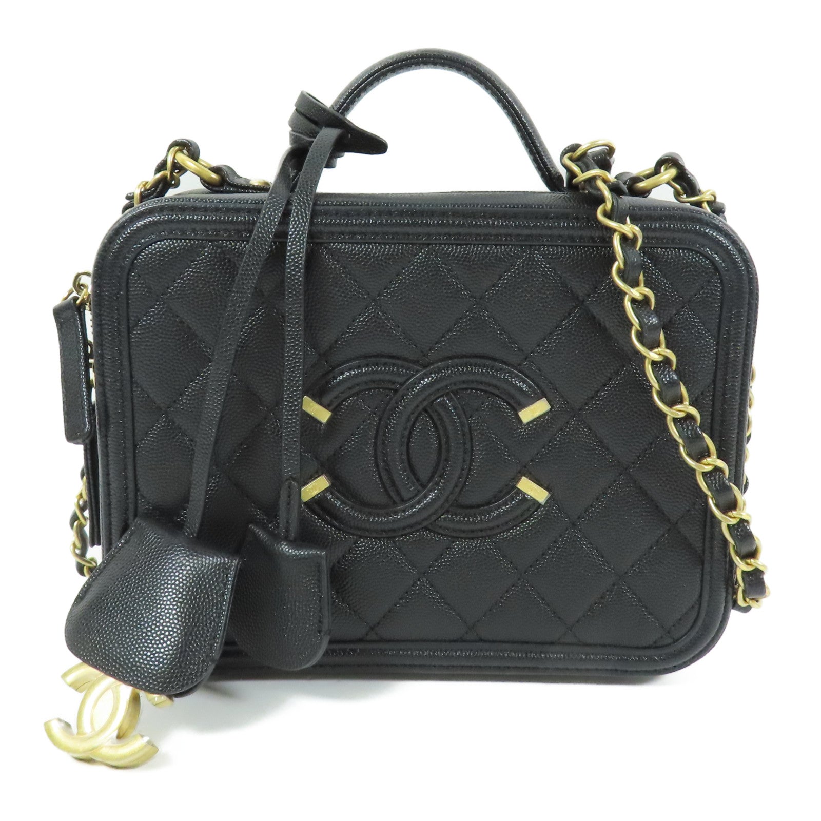 CHANEL 牛皮皮革Vanity Case金扣鏈帶手挽肩背兩用袋