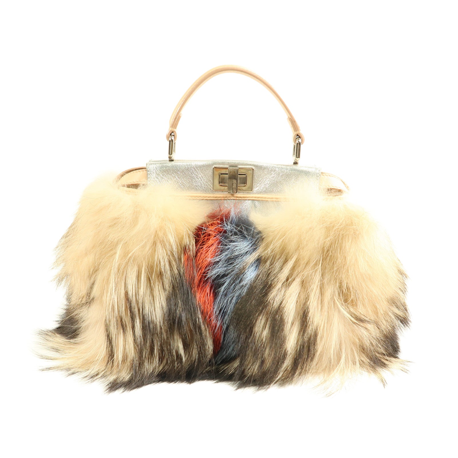 FENDI 狐狸毛Peekaboo S Size銀扣手挽肩背兩用袋
