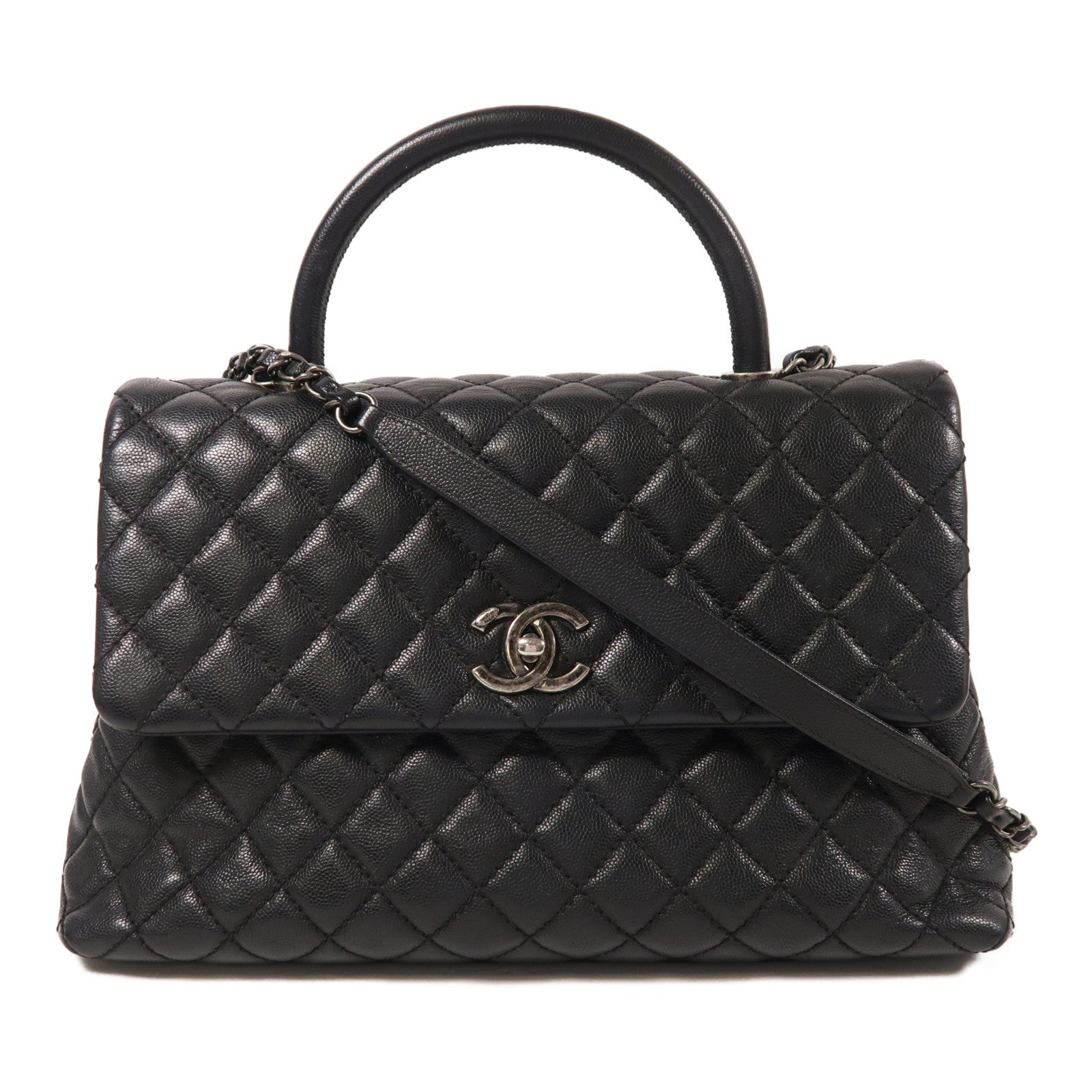 CHANEL 牛皮皮革Coco Handle Large銀扣手挽肩背兩用袋