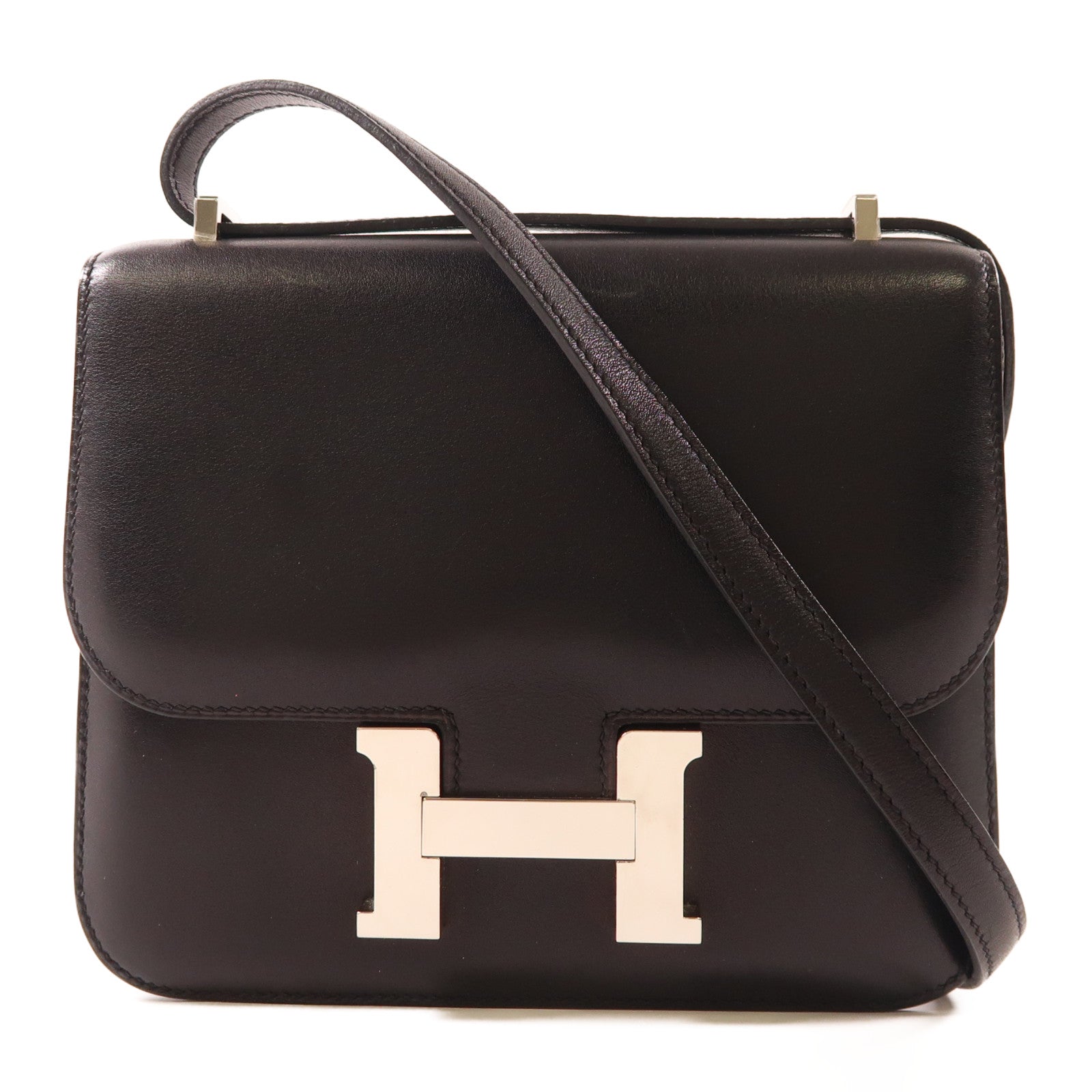 HERMES Evercalf皮革Constance Mini銀扣肩背袋Noir黑色