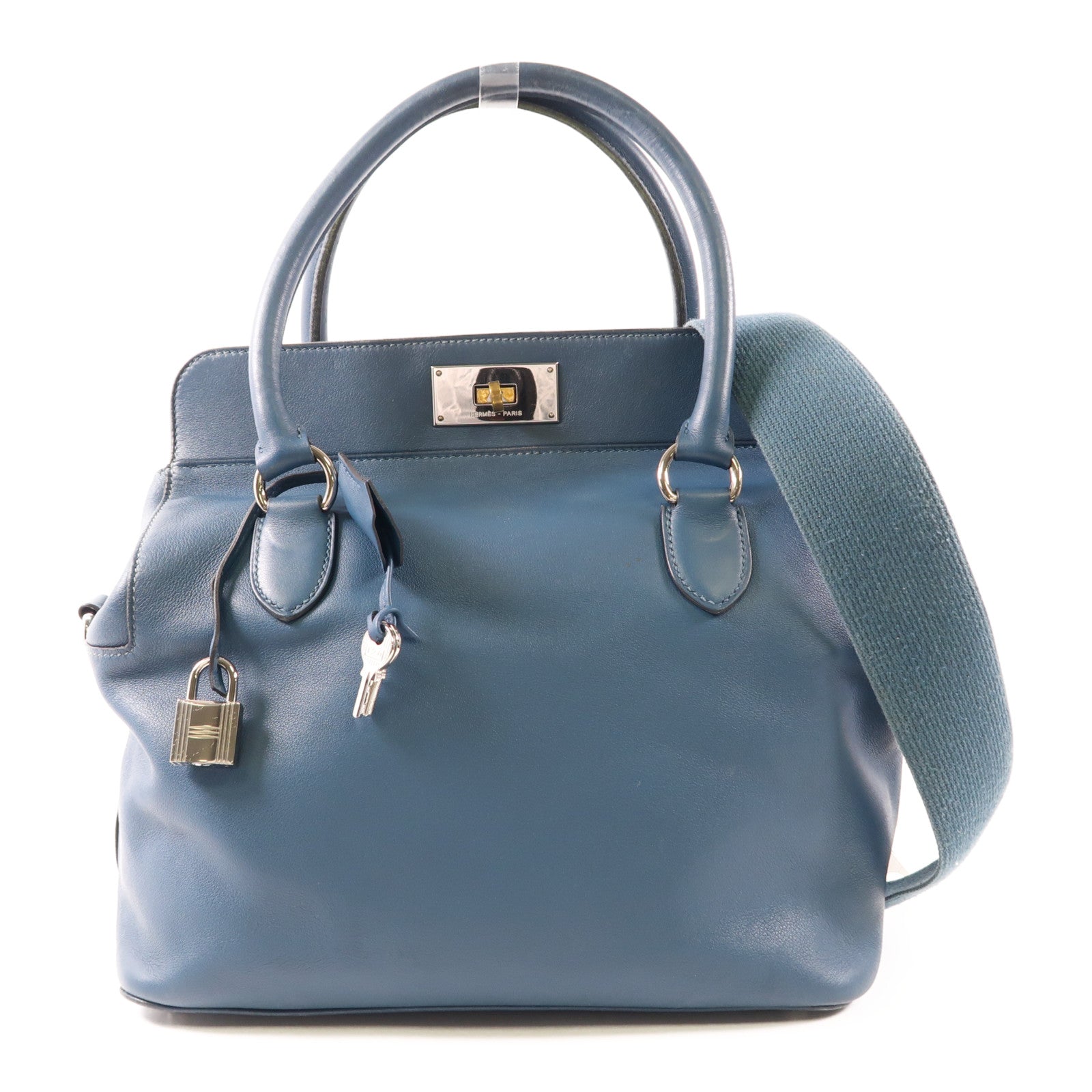 HERMES PHW Toolbox 26 2 Way Shoulder Bag Handbag Evercolor Leather Blue
