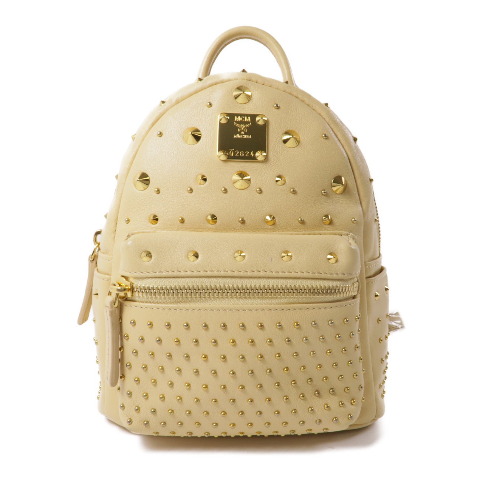 MCM 牛皮皮革Backpack金扣背包米色