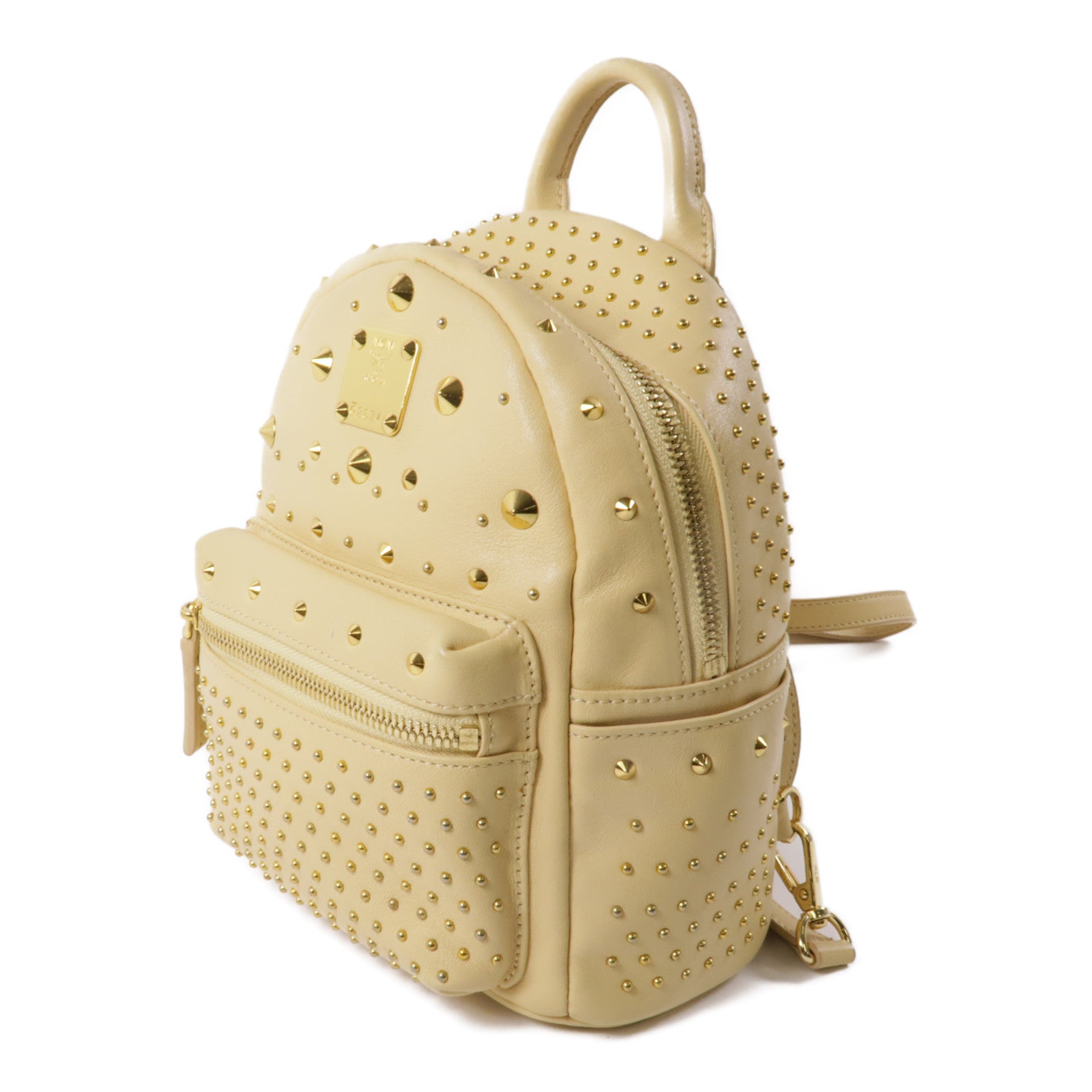 MCM 牛皮皮革Backpack金扣背包米色