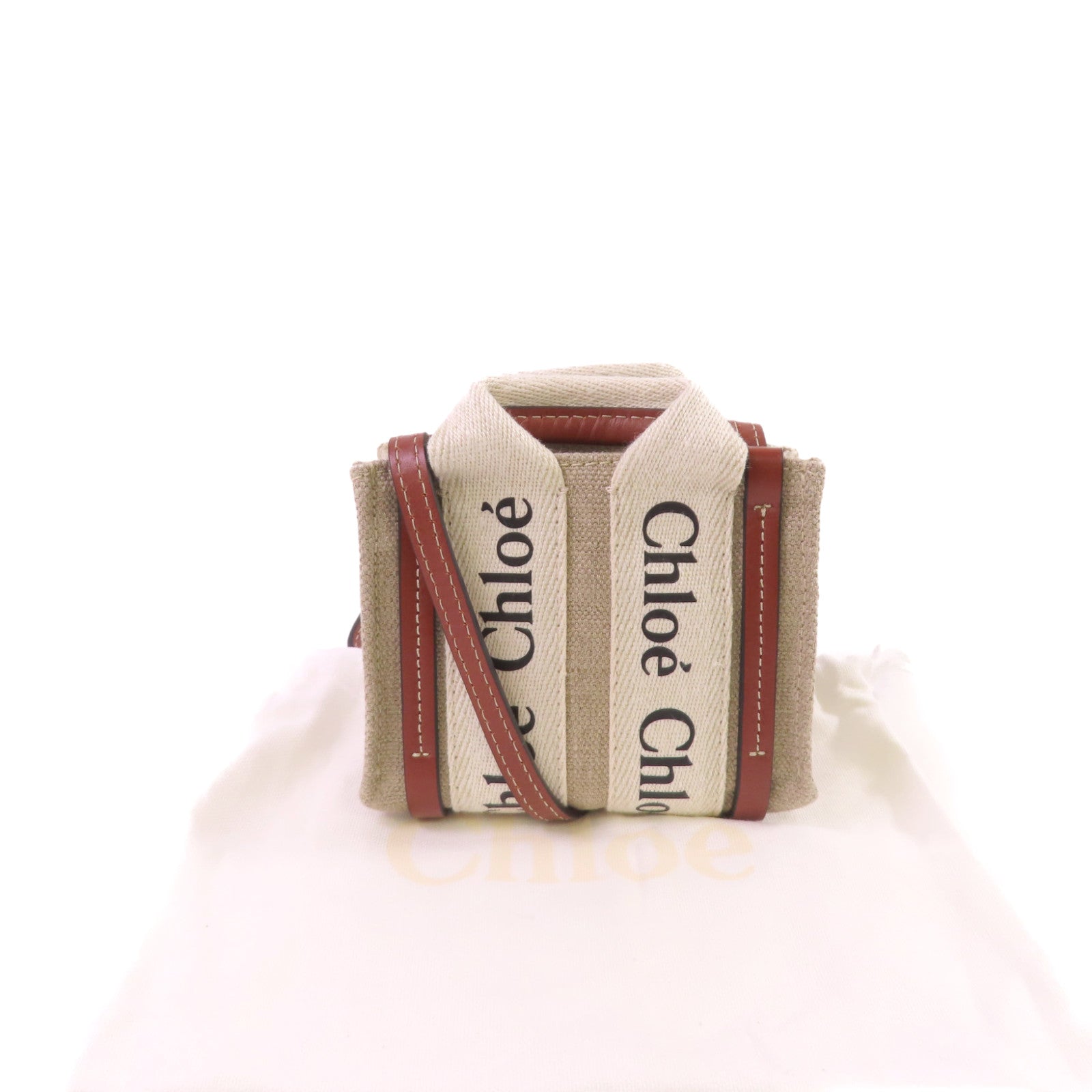 Chloe 帆布Woody Nano Tote Shoulder Bag肩背袋杏色/啡色