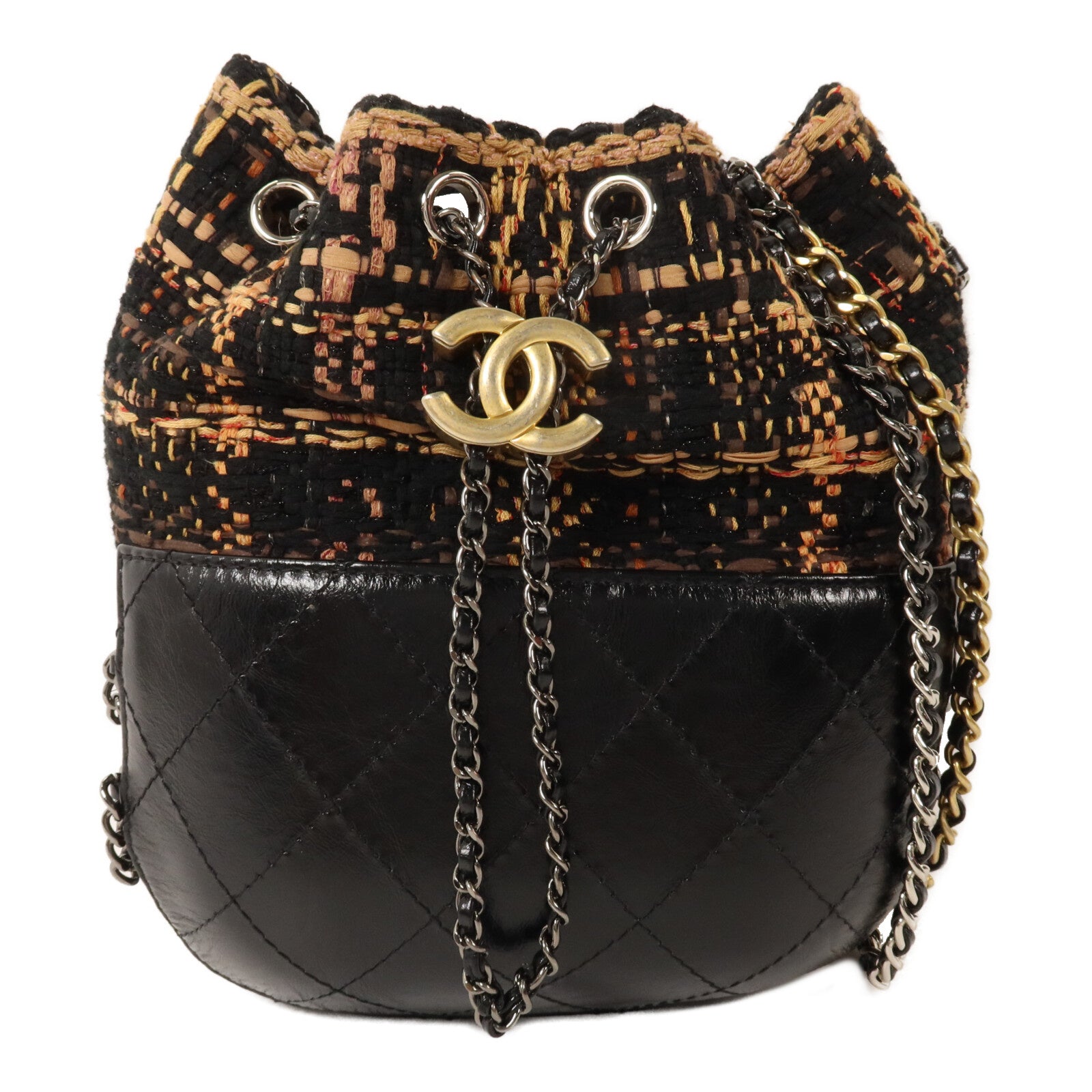 CHANEL Tweed/牛皮皮革Small Gabrielle鏈帶肩背袋
