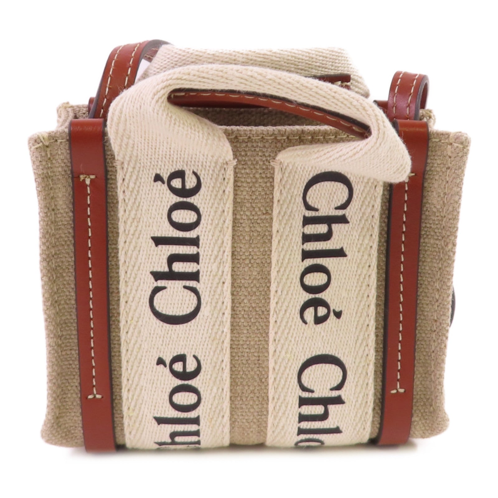 Chloe 帆布Woody Nano Tote Shoulder Bag肩背袋杏色/啡色