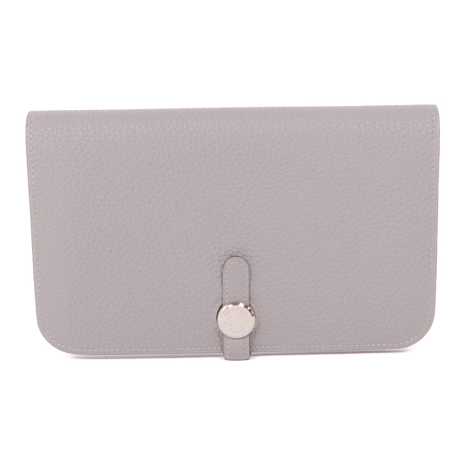 HERMES Clemence皮革Dogon GM銀扣長錢包Gris Mouette