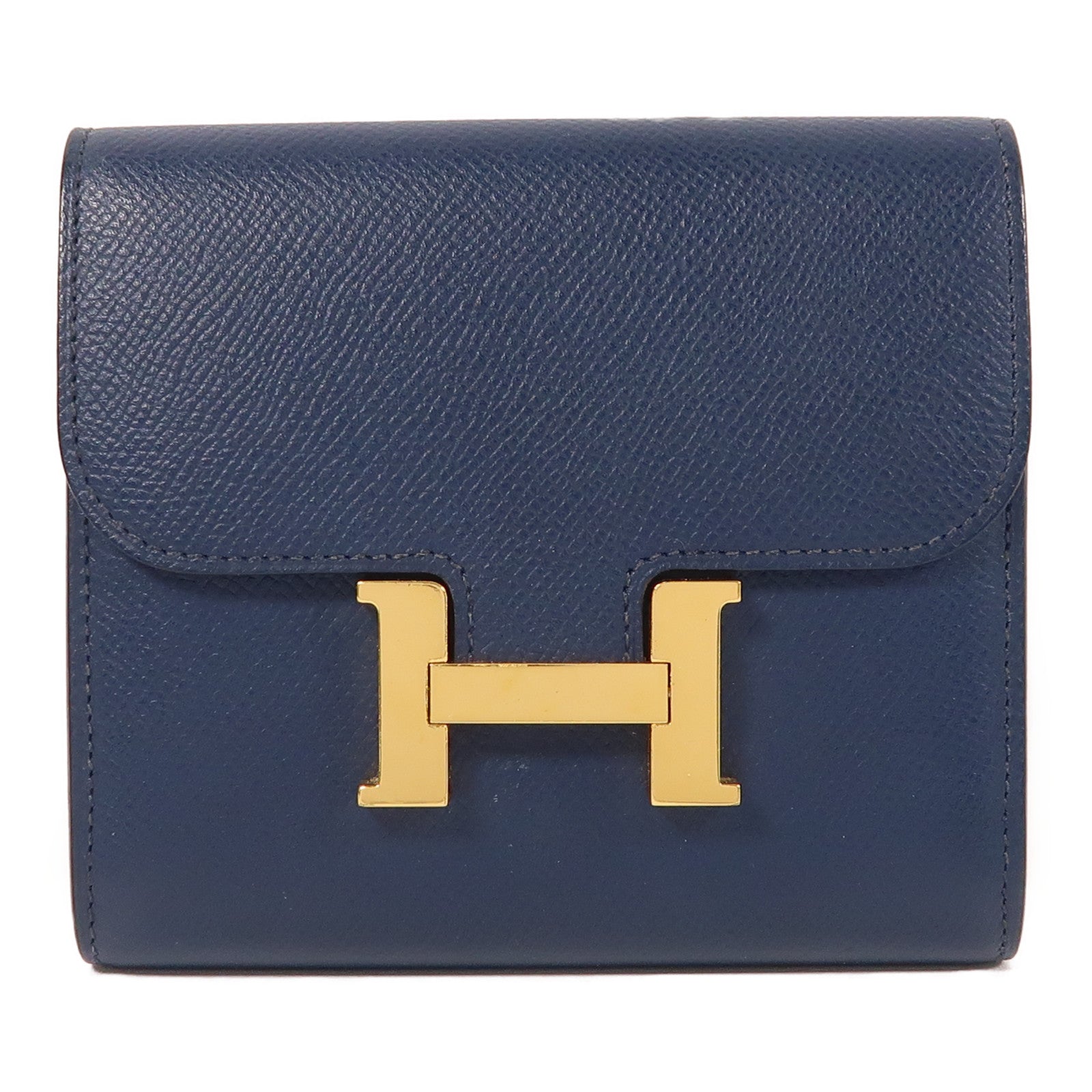 HERMES Epsom皮革Constance Compact Wallet金扣錢包Bleu Saphir