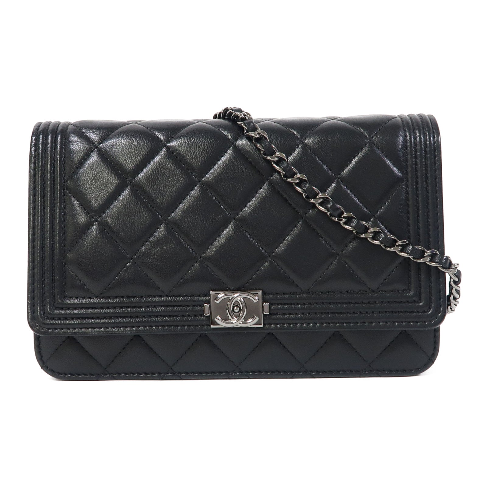 CHANEL 【激減優惠】菱格羊皮皮革Boy WOC銀扣鏈帶肩背袋黑色
