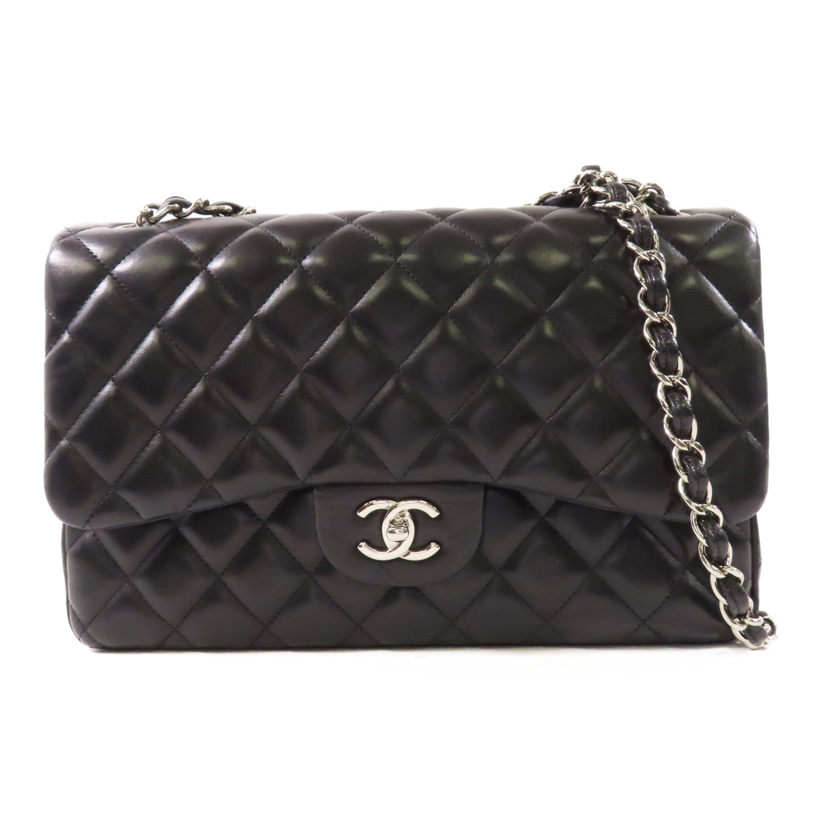 CHANEL 羊皮皮革Large Classic銀扣鏈帶肩背袋