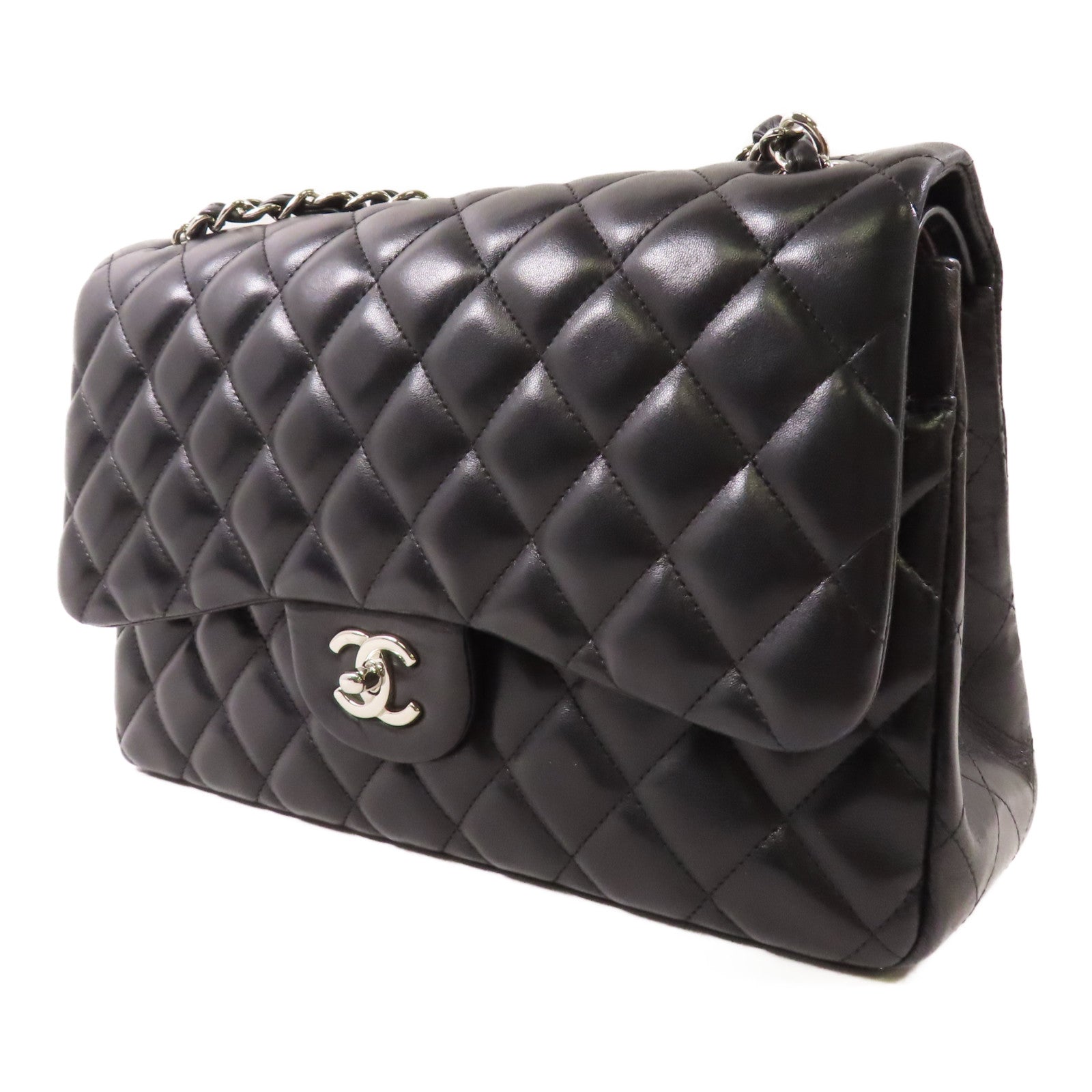 CHANEL 羊皮皮革Large Classic銀扣鏈帶肩背袋