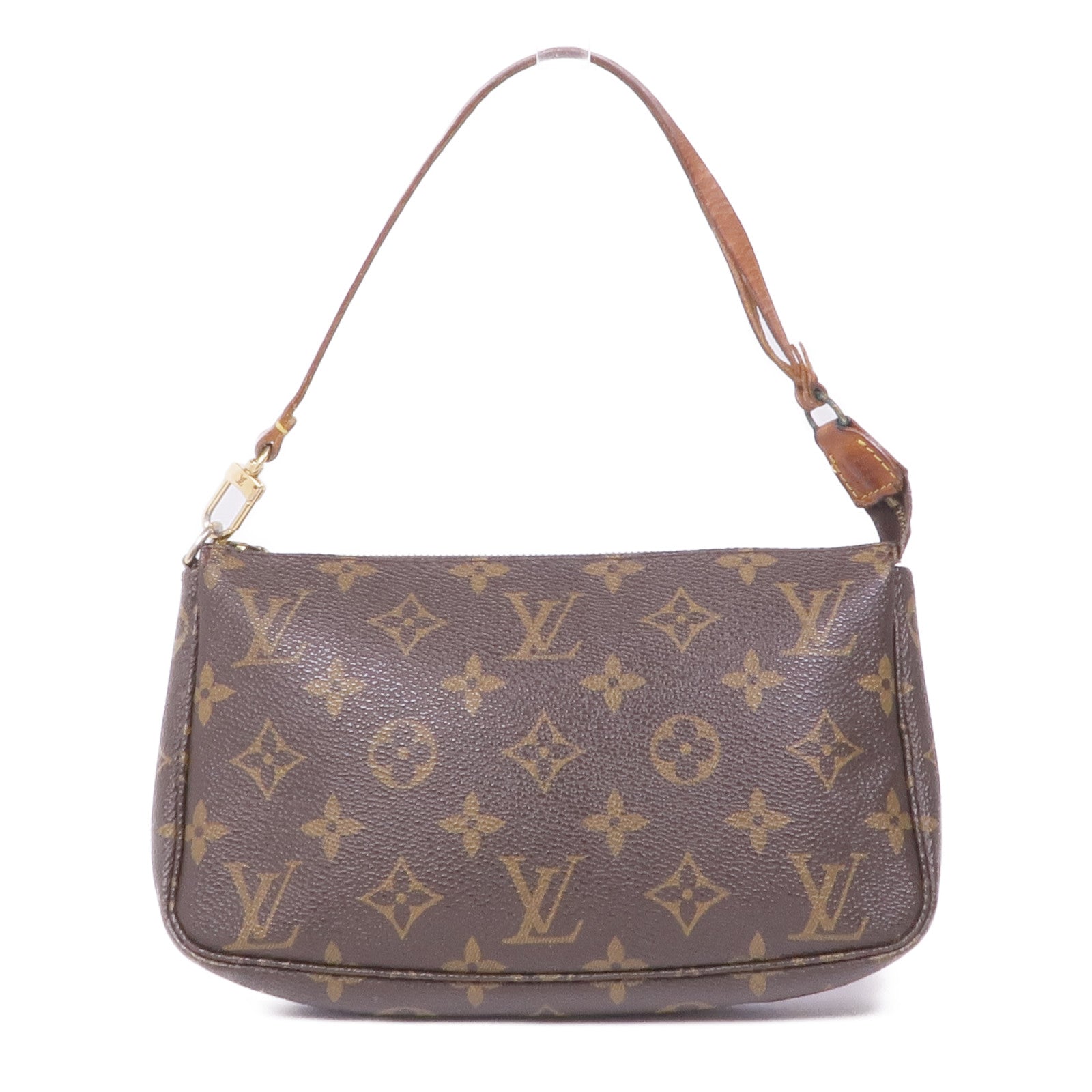 LOUIS VUITTON Monogram Pochette Accessoires金扣手挽袋棕色