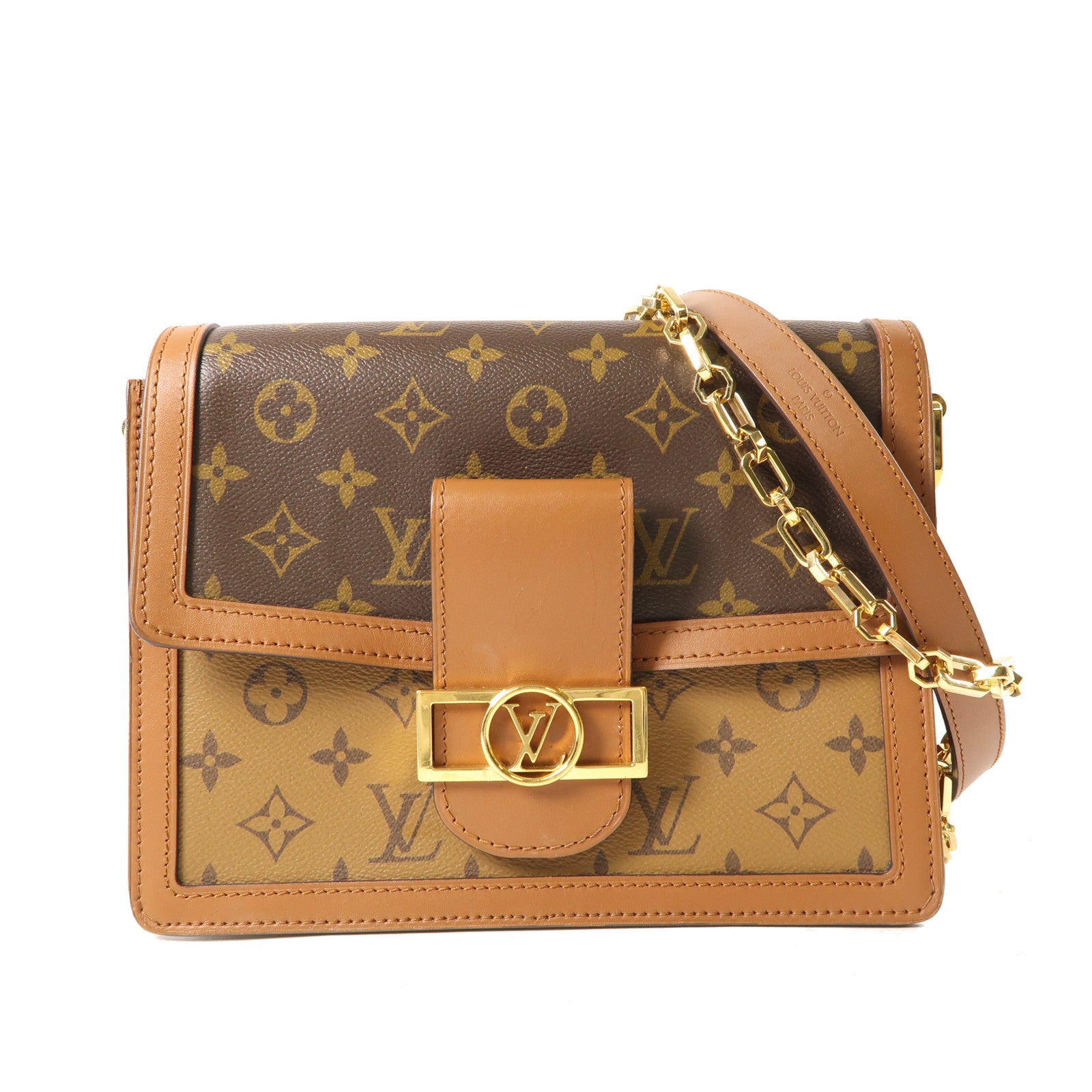 LOUIS VUITTON Monogram/Monogram Reverse Dauphine MM金扣手挽肩背兩用袋棕色