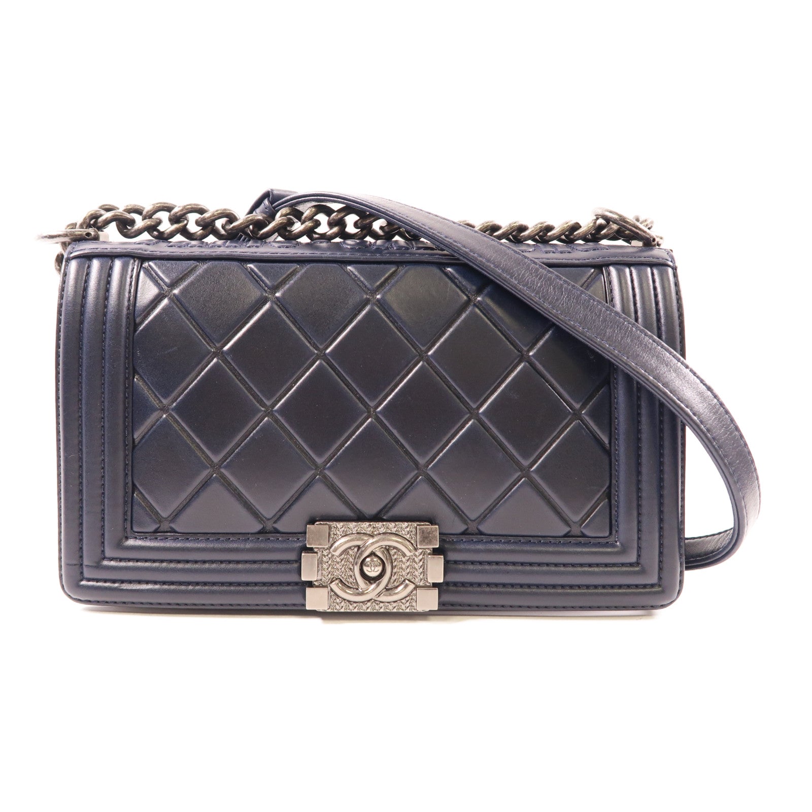 CHANEL 羊皮皮革Paris Salzburg Boy 25銀扣鏈帶肩背袋深藍色