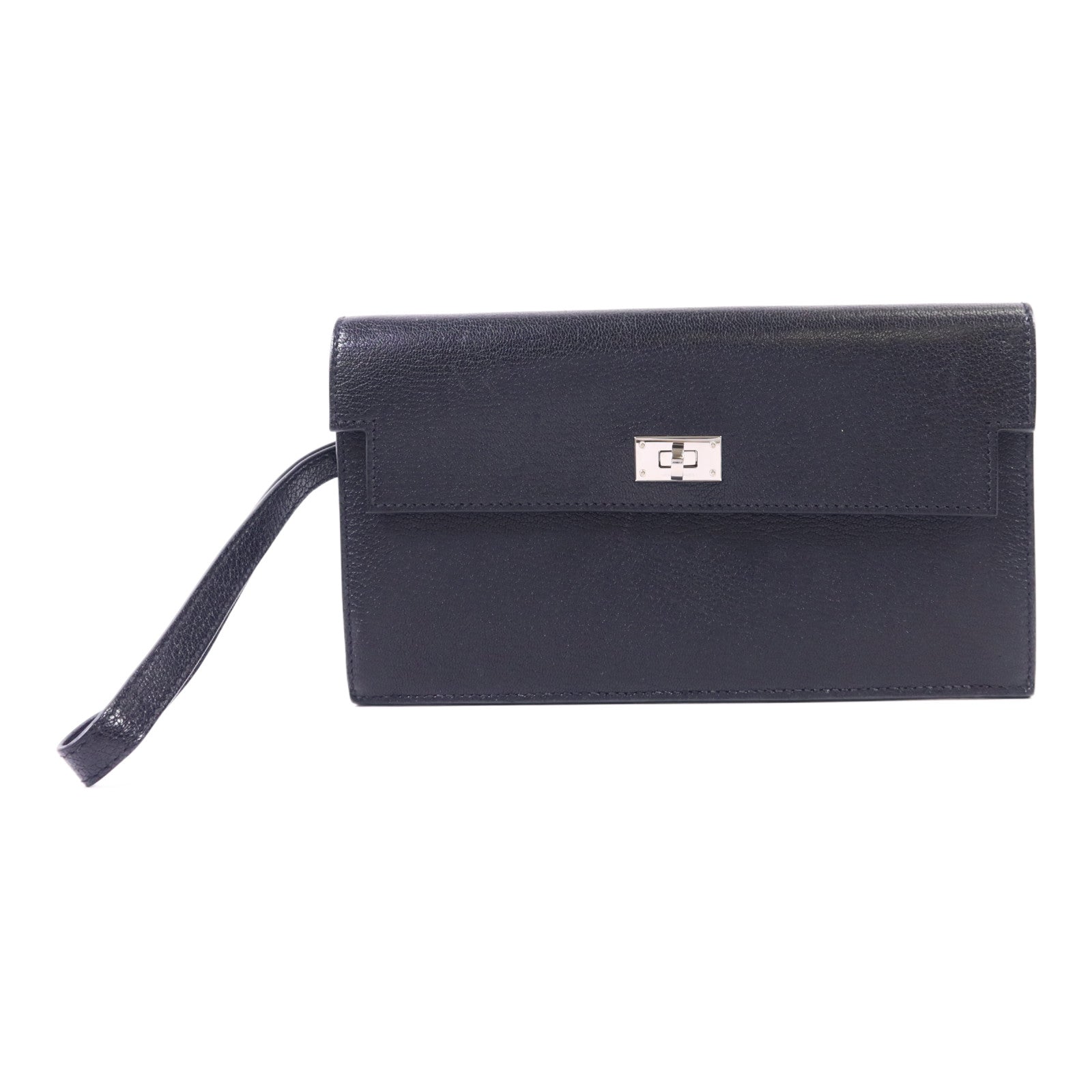 HERMES Chevre皮革Kelly Pocket Long Bifold Wallet銀扣長錢包Noir