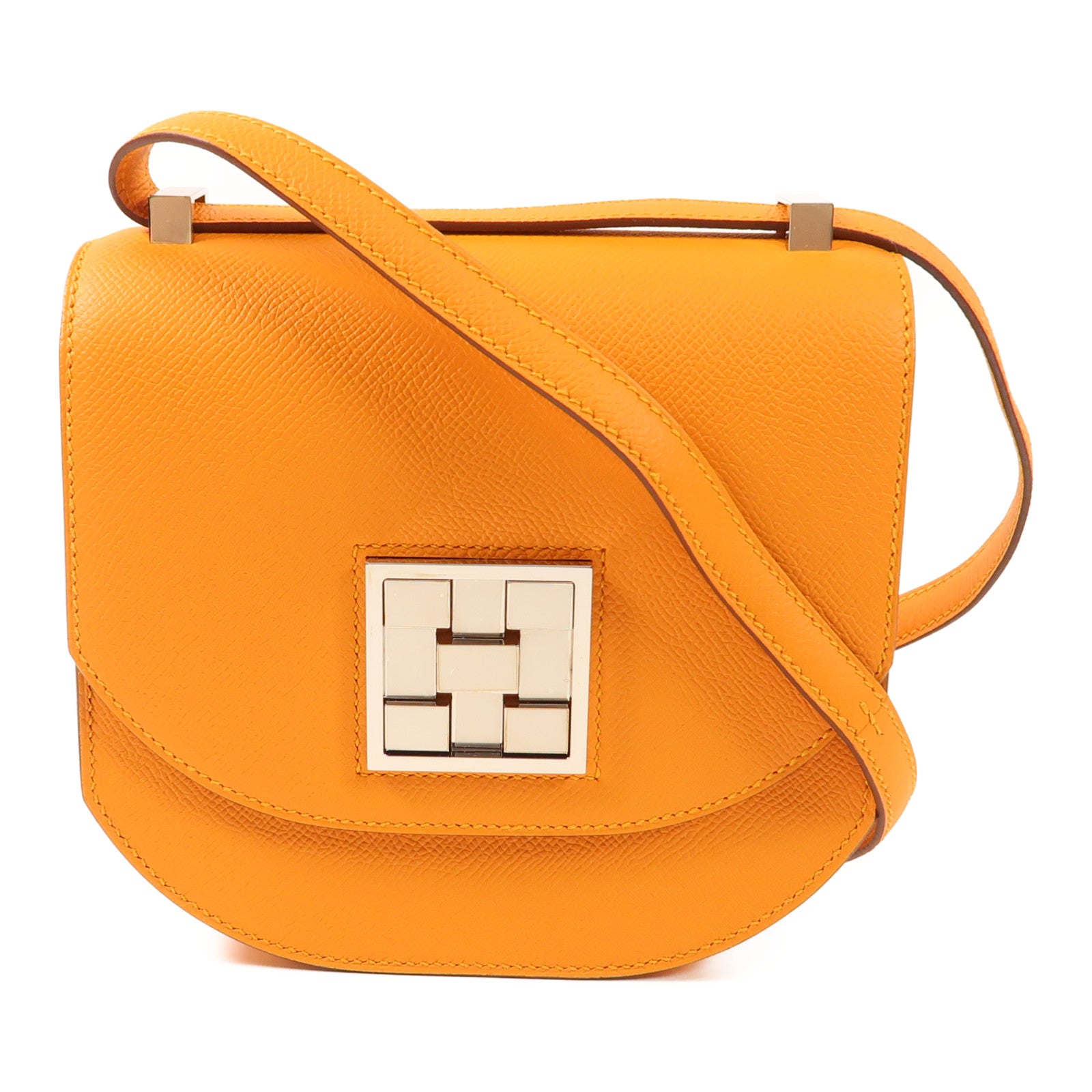 HERMES Epsom皮革Mini Mosaique銀扣肩背袋Abricot