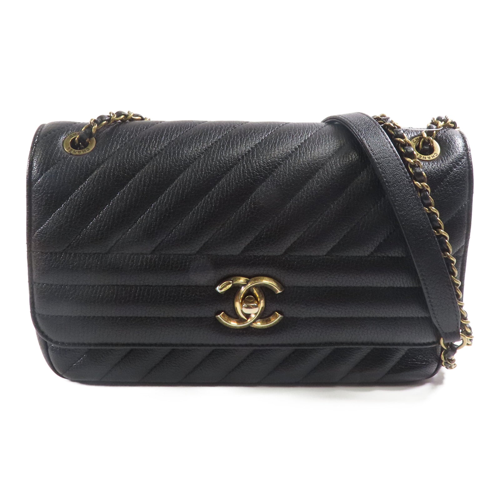 CHANEL 牛皮皮革Diagonal Quilted Flap Bag鏈帶肩背袋