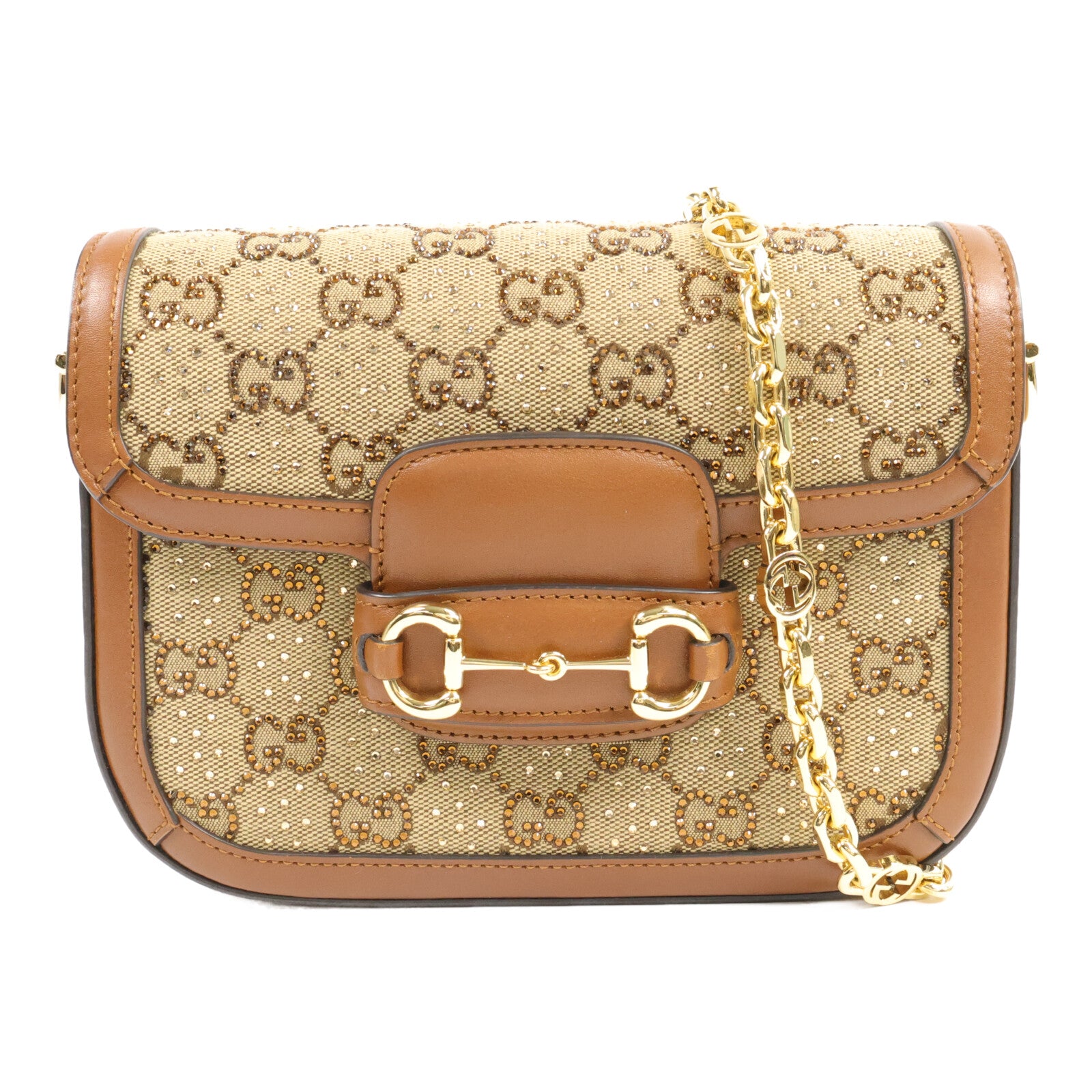 GUCCI 帆布/水晶Horsebit 1995 Small鏈帶肩背袋