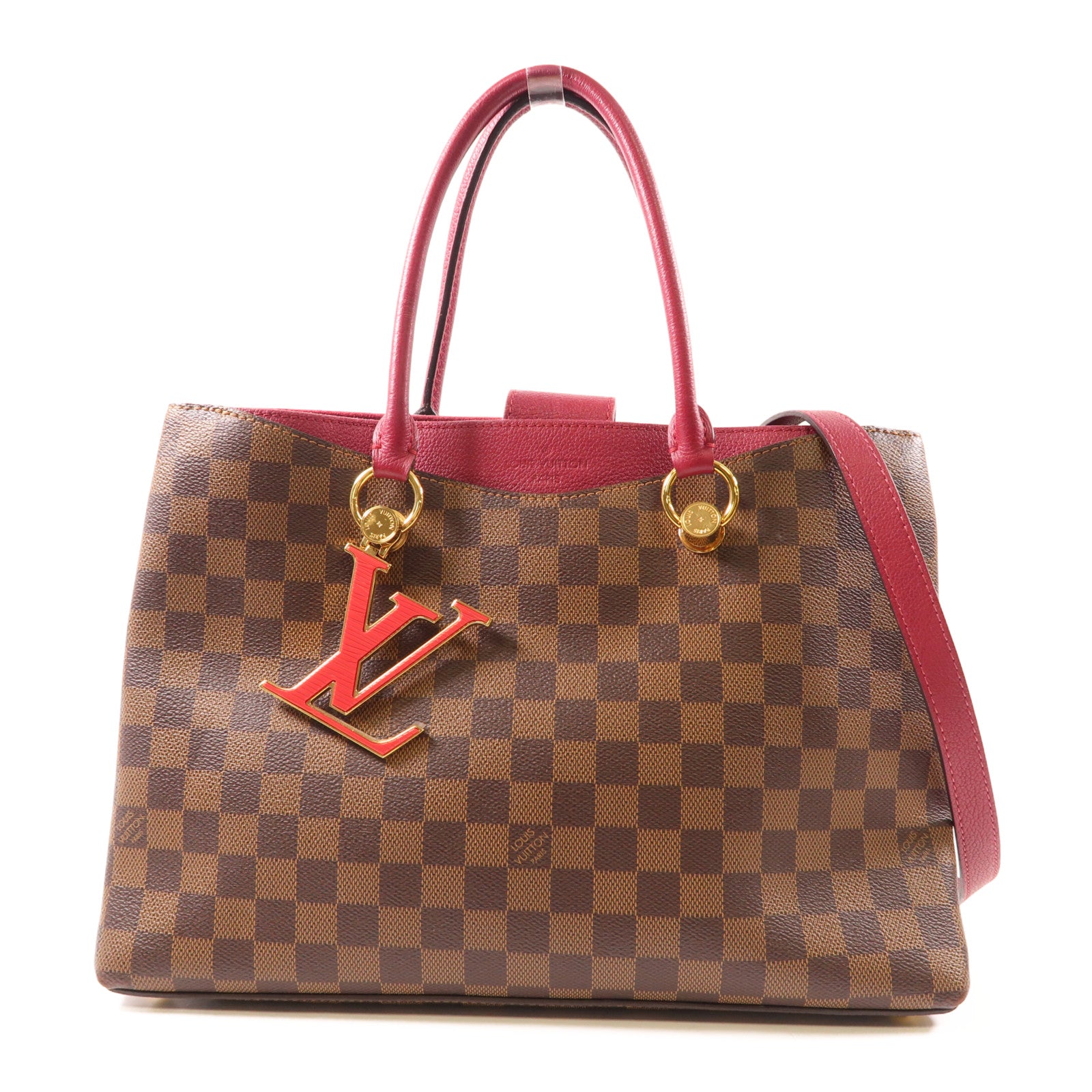 LOUIS VUITTON Damier Riverside金扣手挽肩背兩用袋棕色/紅色
