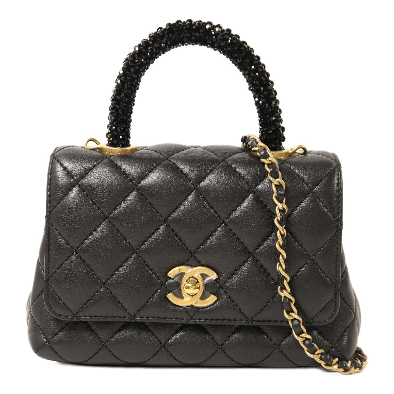 CHANEL 牛皮皮革Coco Handle Mini金扣鏈帶手挽肩背兩用袋