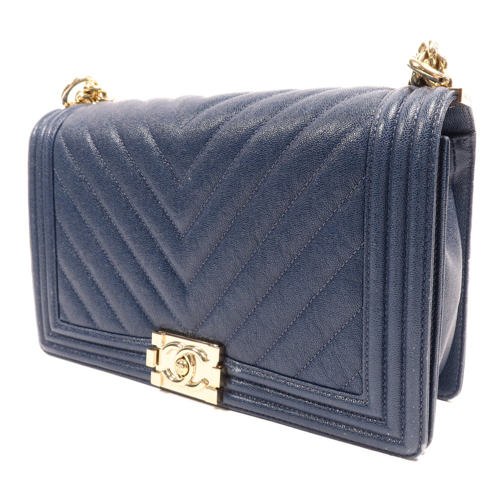 CHANEL Caviar皮革Boy 28金扣鏈帶肩背袋