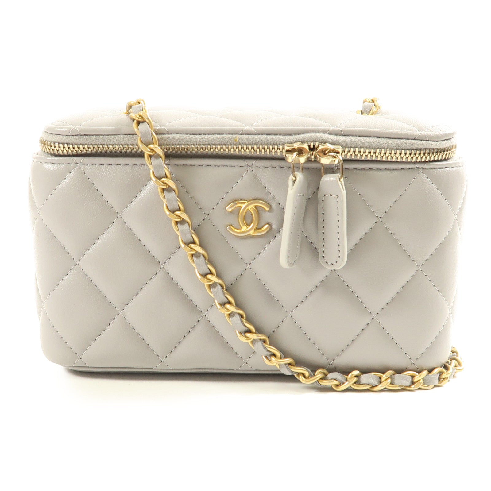CHANEL CC GHW Vanity Case Chain Shoulder Bag Calfskin Leather Grey