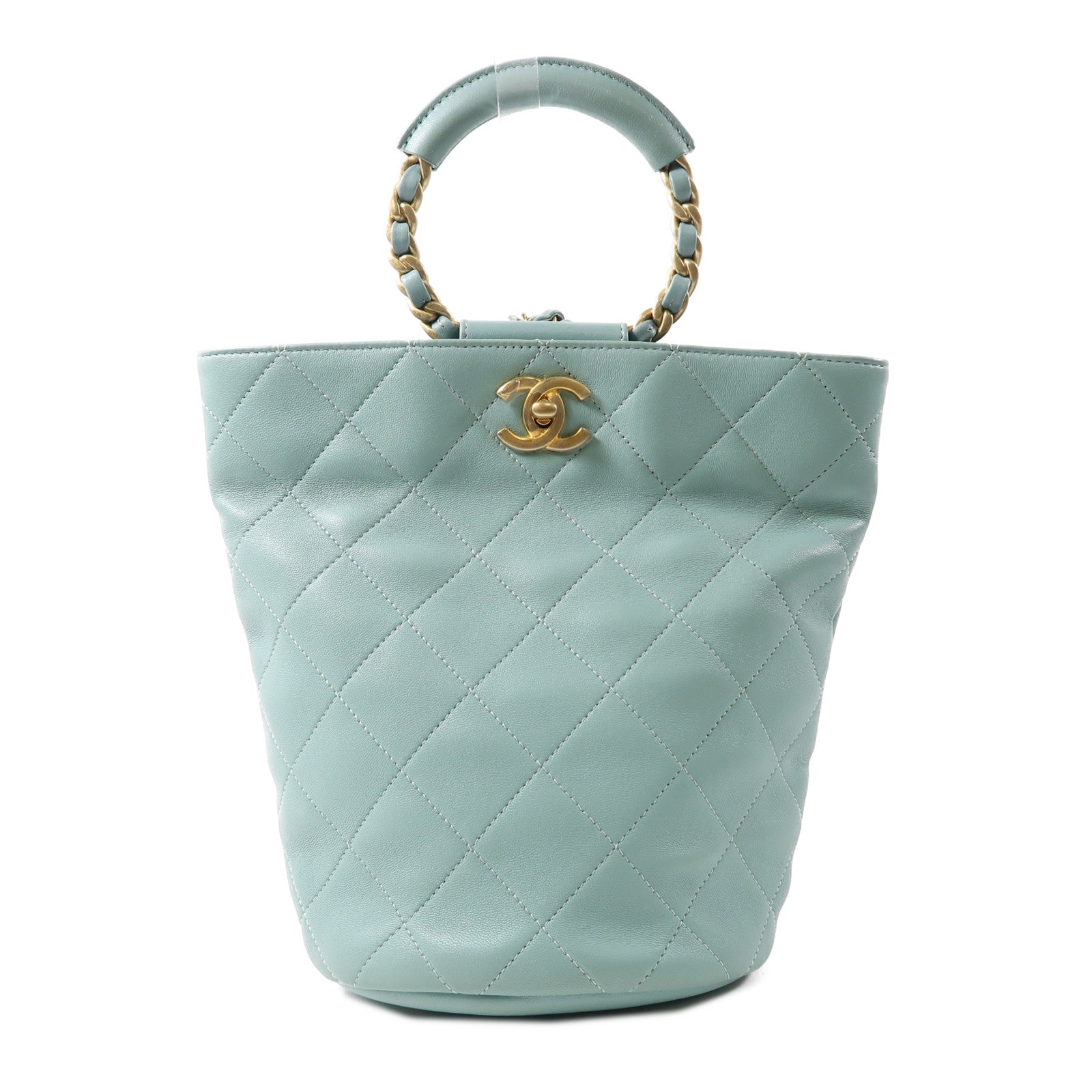 CHANEL 菱格牛皮皮革Backpack金扣鏈帶背包淺綠色