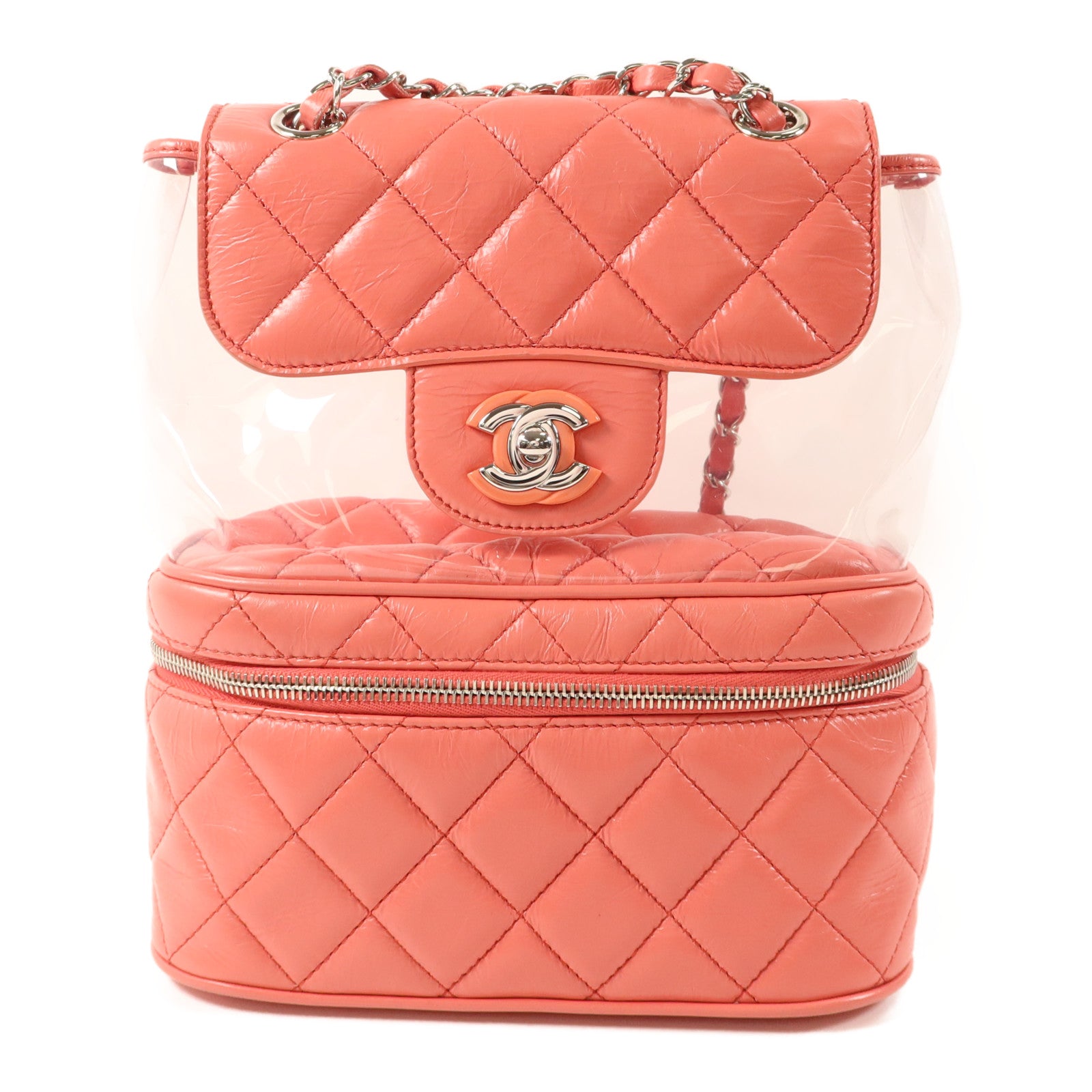 CHANEL 牛皮皮革/PVC Matelasse Backpack銀扣背包