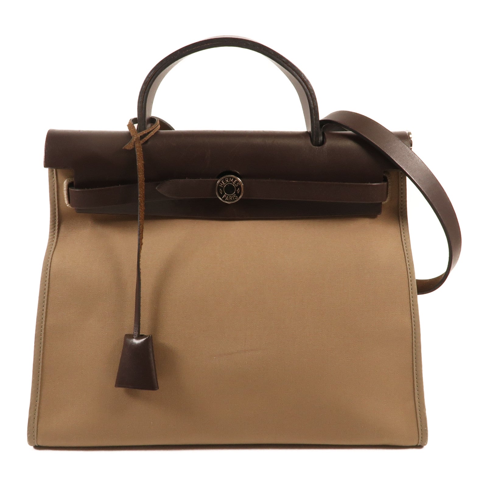HERMES 帆布Herbag PM銀扣手挽肩背兩用袋Etoupe