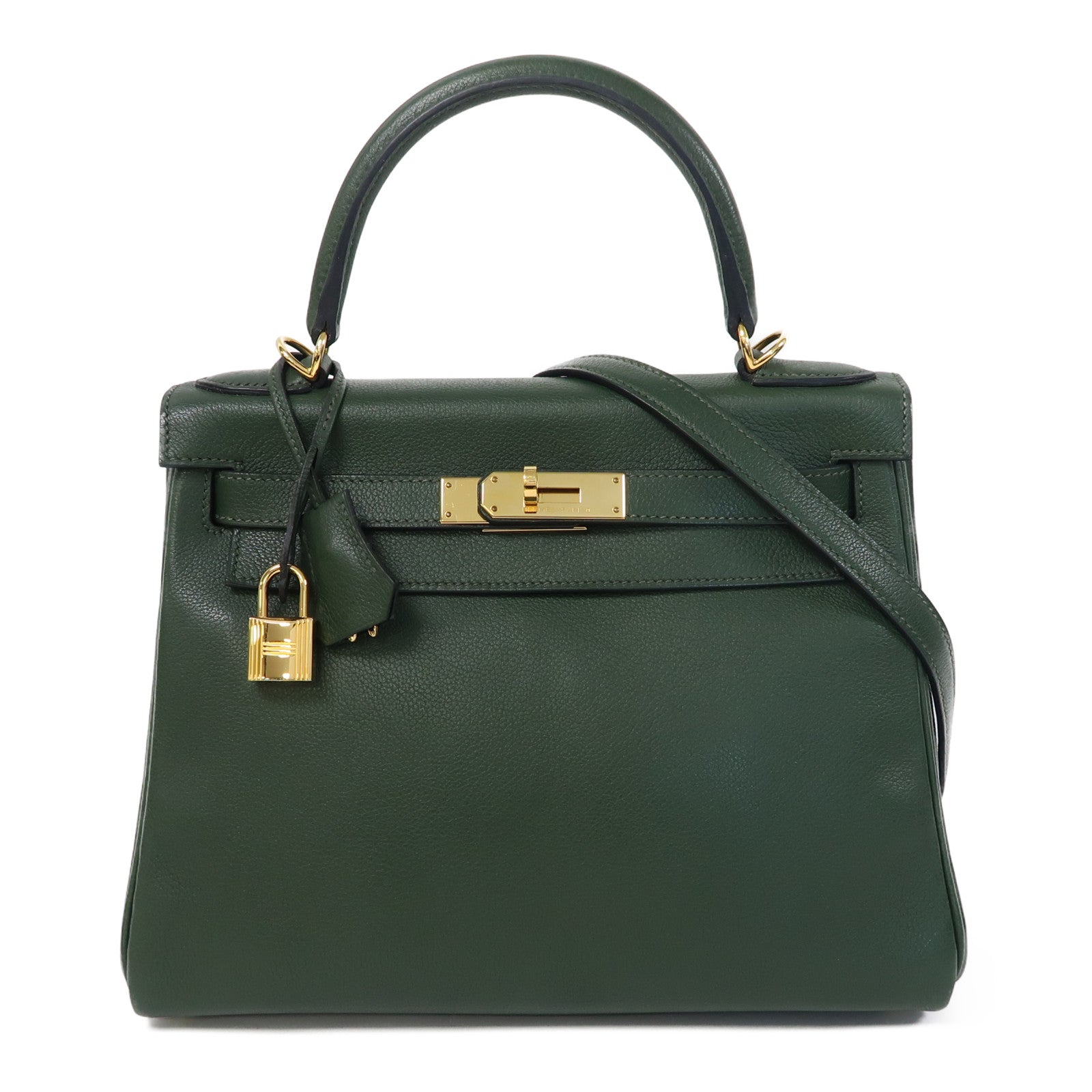 新品未使用❗HERMES レザー チャーム グリーン 緑 HERMES Evercolor皮革Kelly 28金扣手挽肩背兩用袋2Q Vert