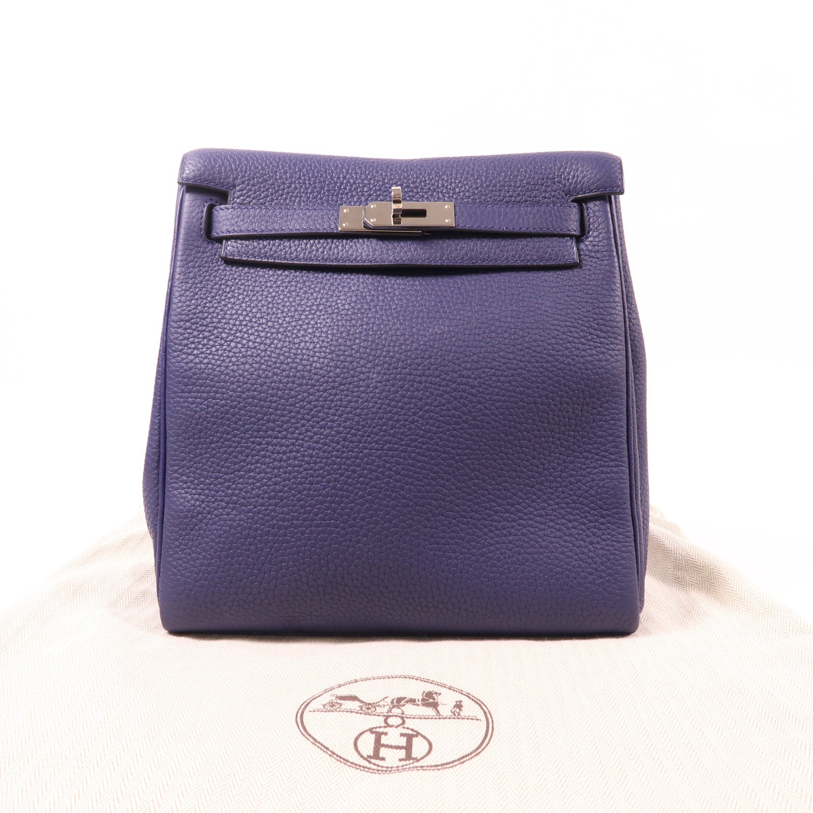 HERMES Clemence皮革Kelly Ado銀扣背包Bleu Saphir