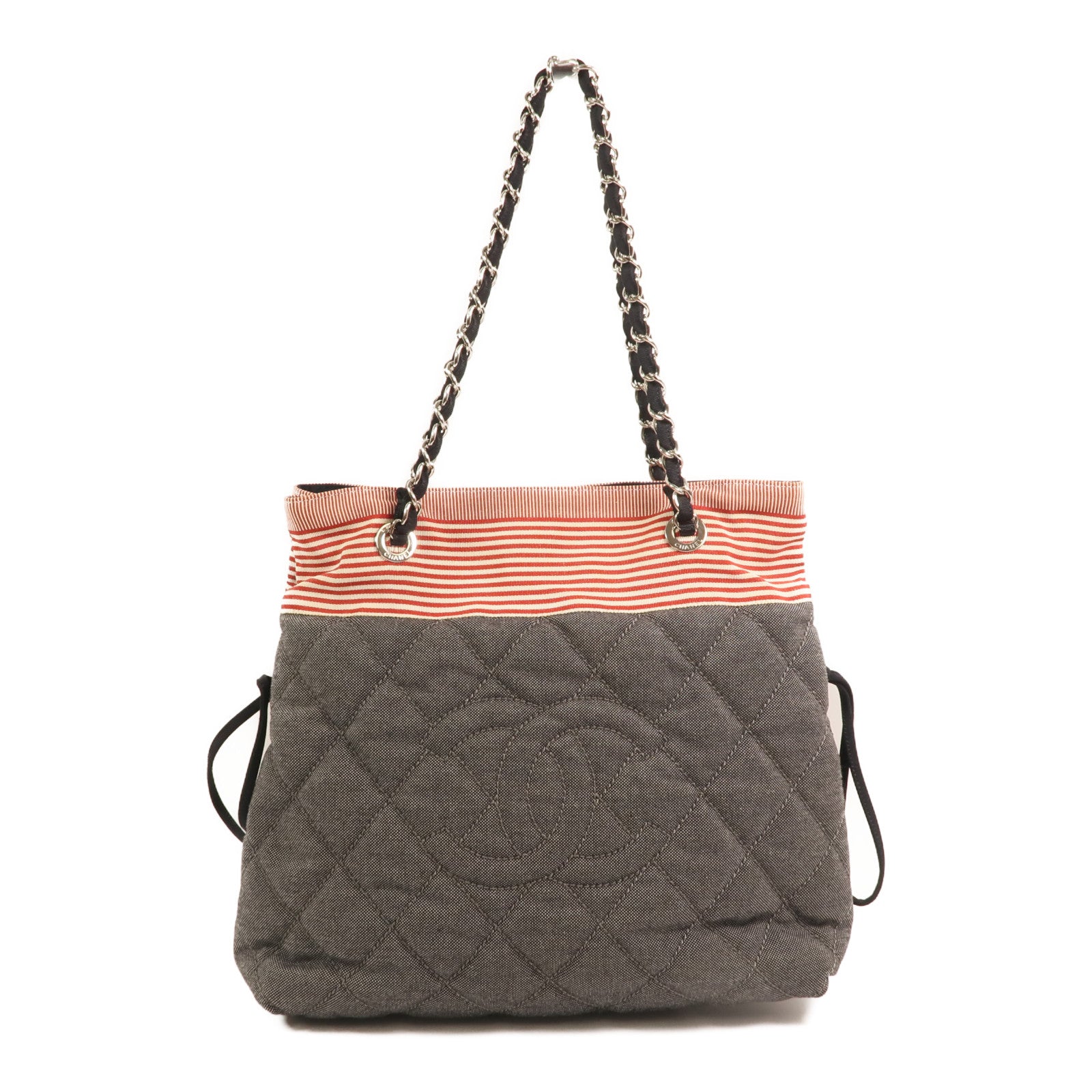 CHANEL 牛仔布/帆布Totebag銀扣鏈帶肩背袋