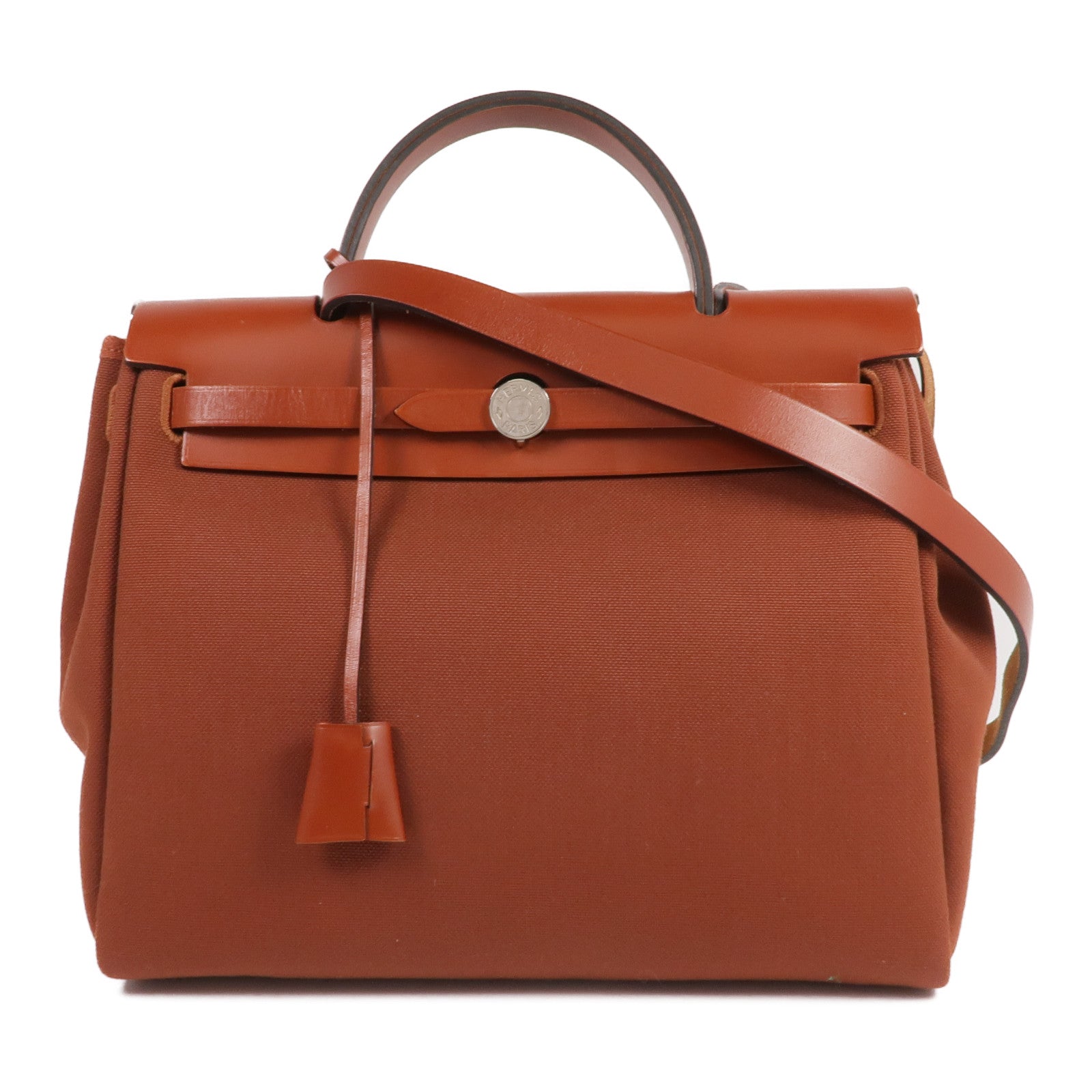 HERMES 帆布Herbag PM銀扣手挽肩背兩用袋Rouge H
