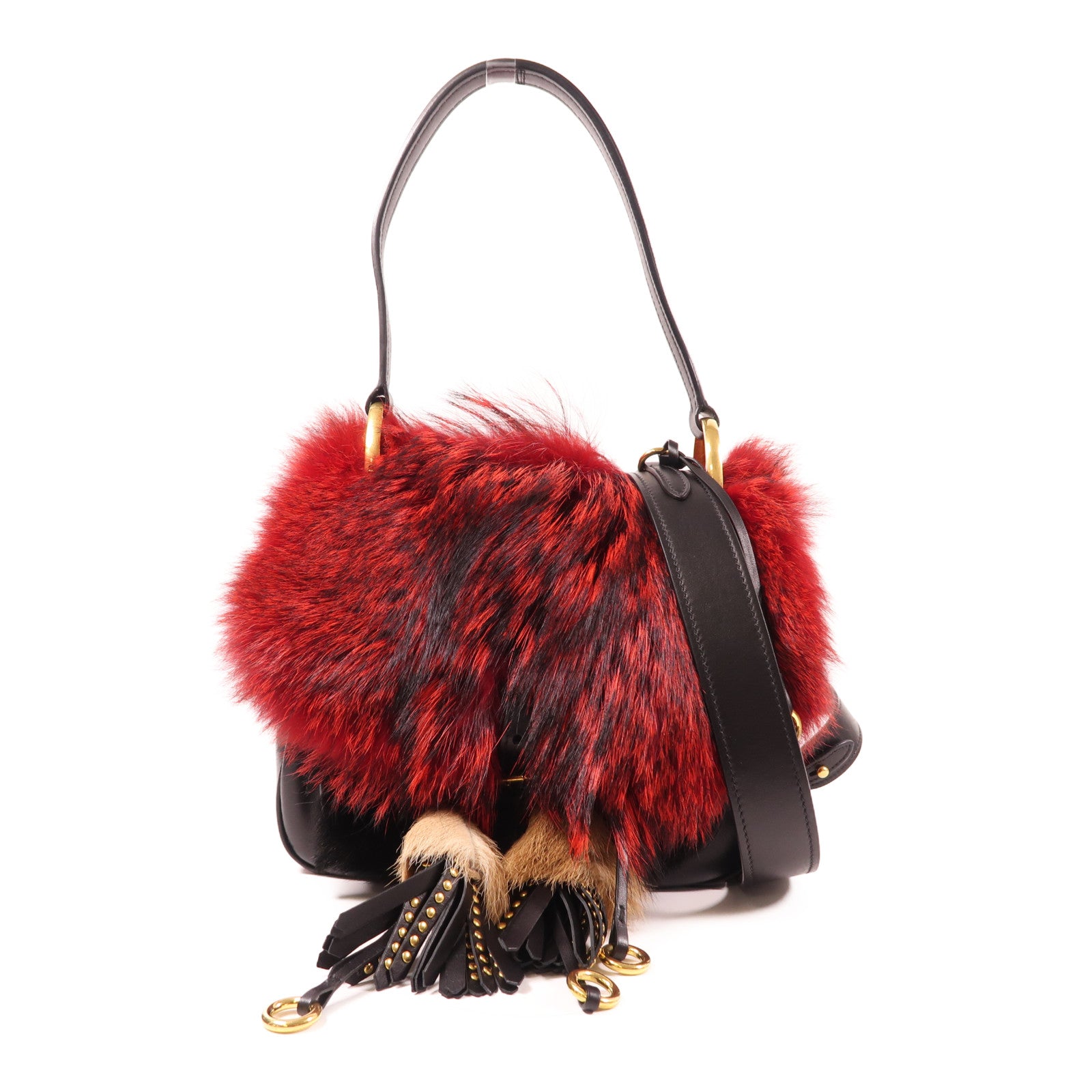 PRADA 【激減優惠】狐狸毛/皮革Shoulder Bag金扣手挽肩背兩用袋