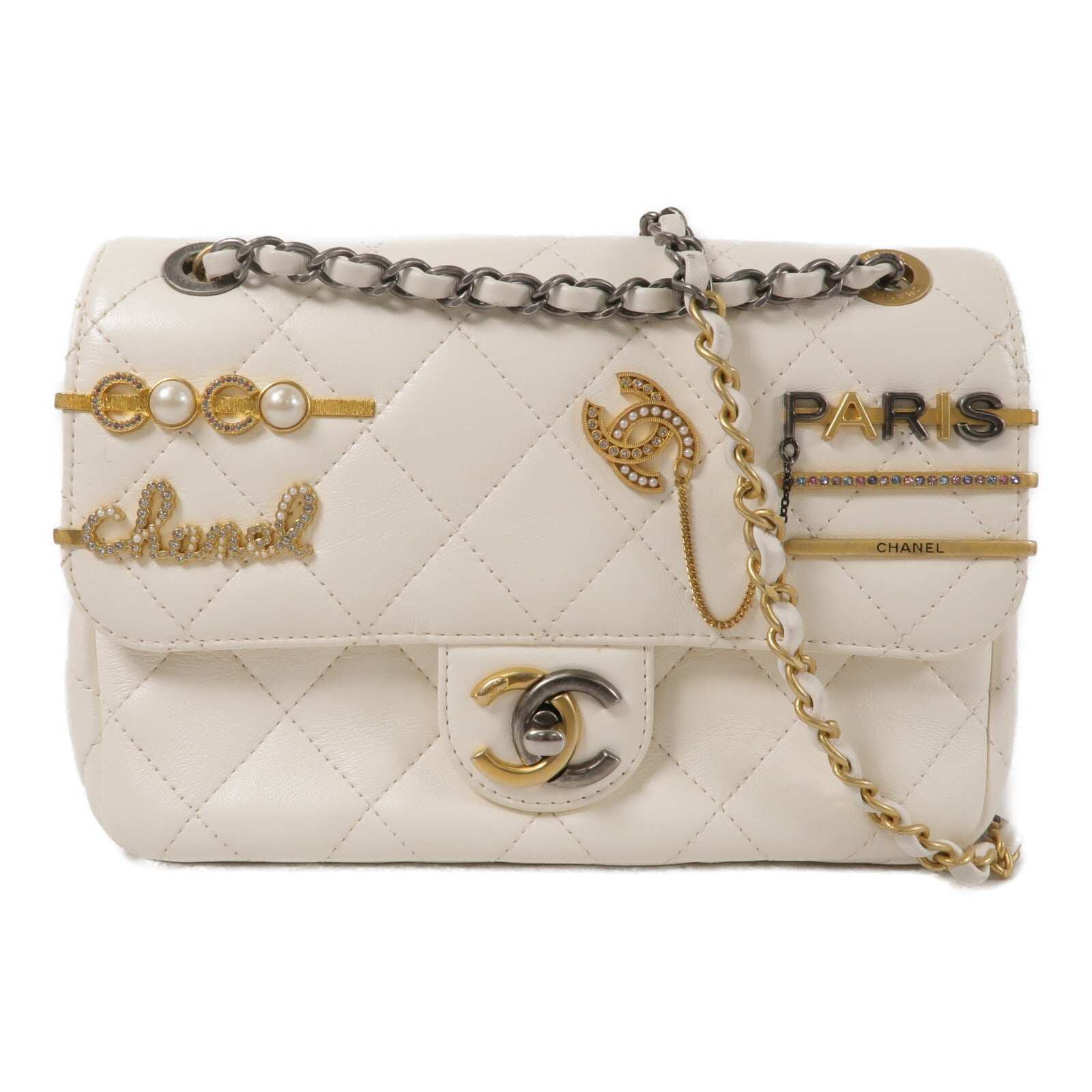 CHANEL 羊皮皮革Pearl Hairpin Badge Bag鏈帶肩背袋