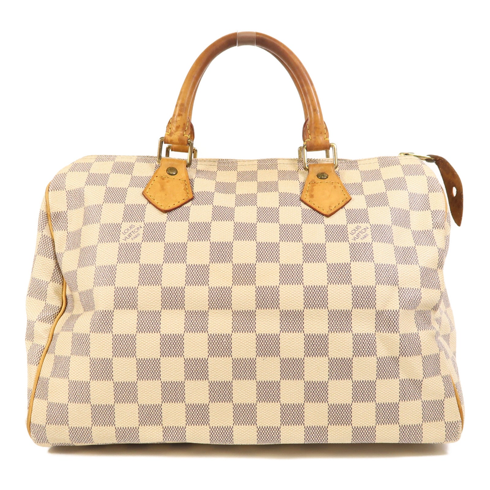 LOUIS VUITTON Damier Azur Speedy 30金扣手挽袋白色