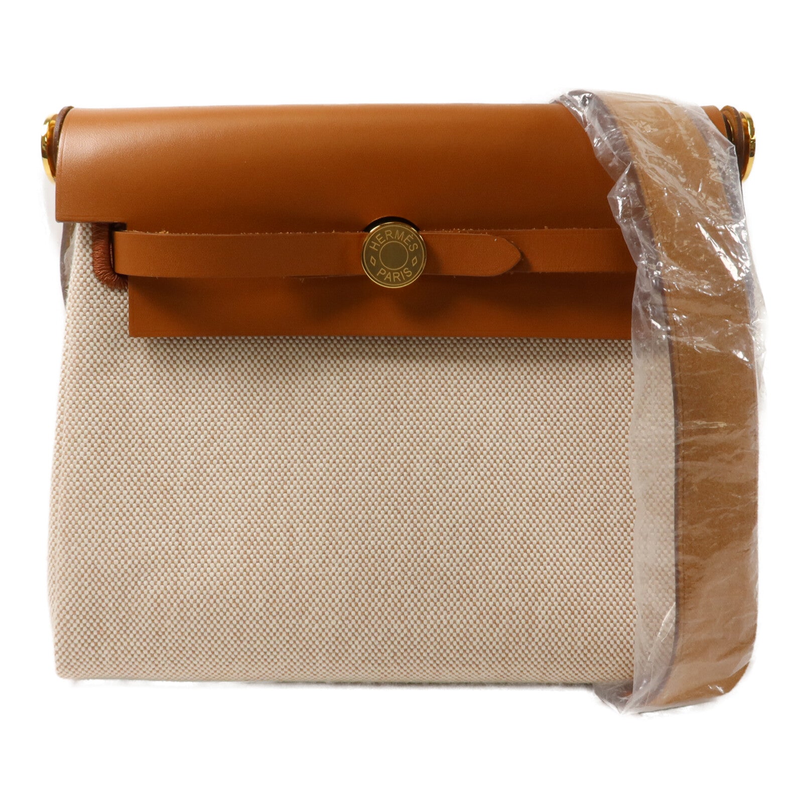 HERMES 帆布Mini Herbag肩背袋Ecru Beige/Fauve