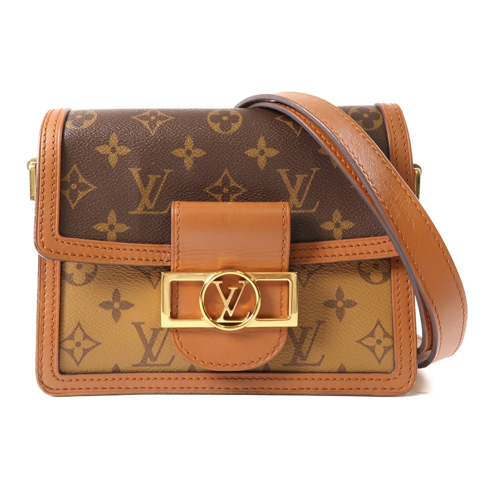 LOUIS VUITTON Monogram/Monogram Reverse Mini Dauphine金扣肩背袋棕色