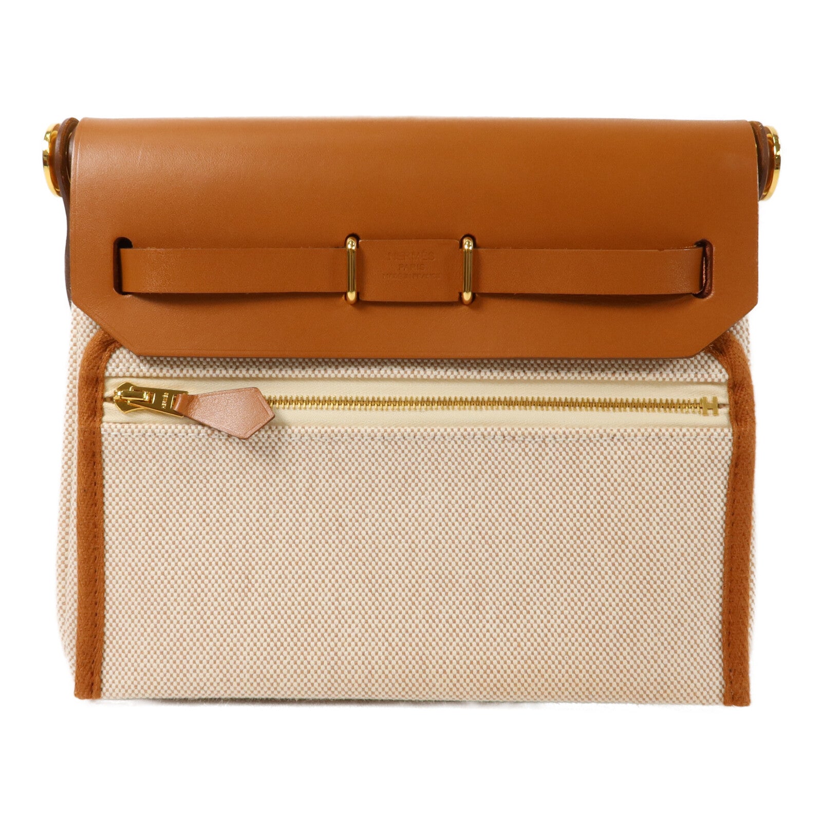 HERMES 帆布Mini Herbag肩背袋Ecru Beige/Fauve
