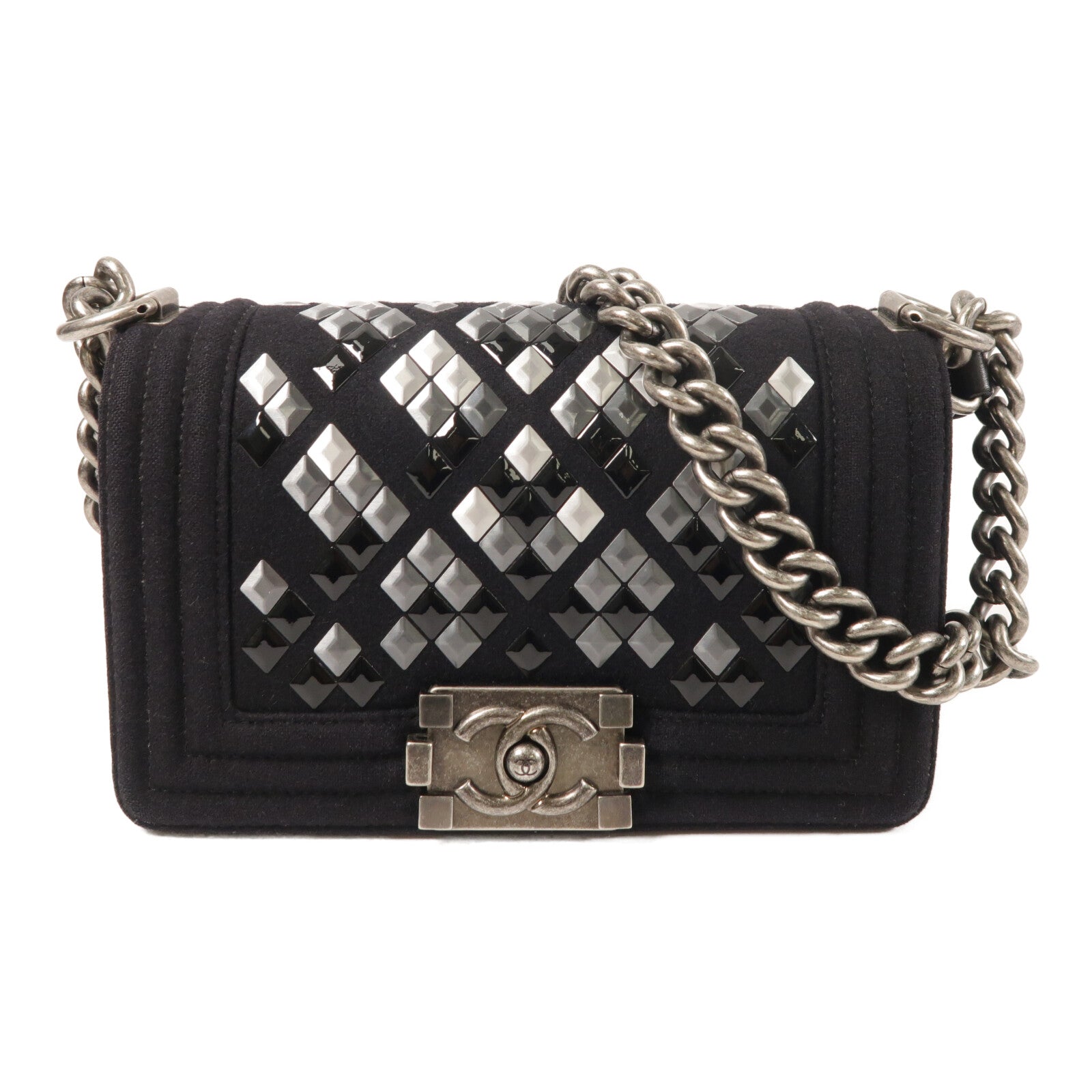 CHANEL 羊毛Mosaic Boy 20銀扣鏈帶肩背袋