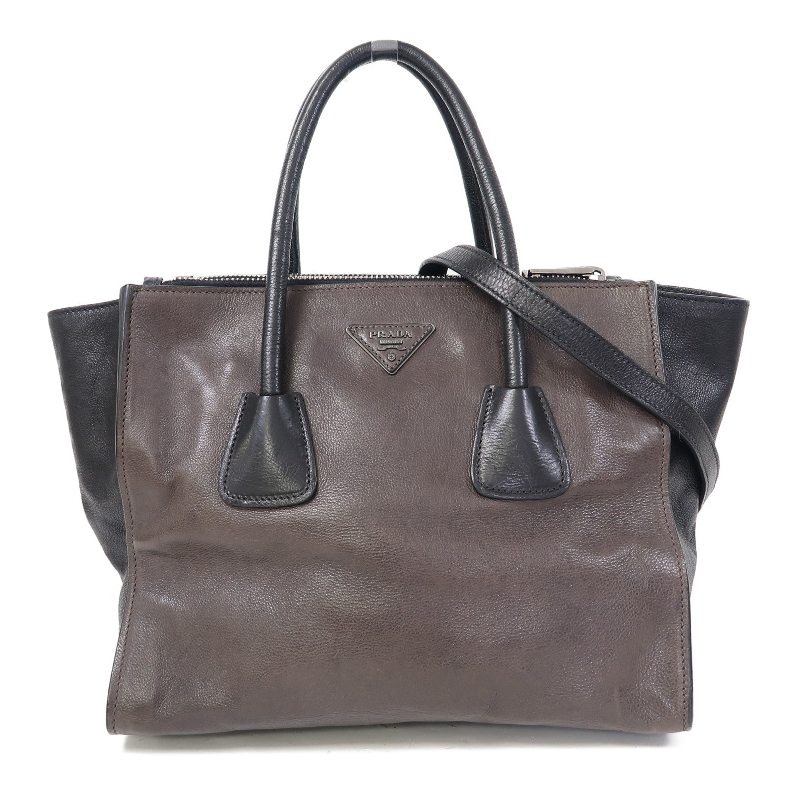 PRADA 【激減優惠】牛皮皮革Shouledr Bag銀扣手挽肩背兩用袋灰色/黑色