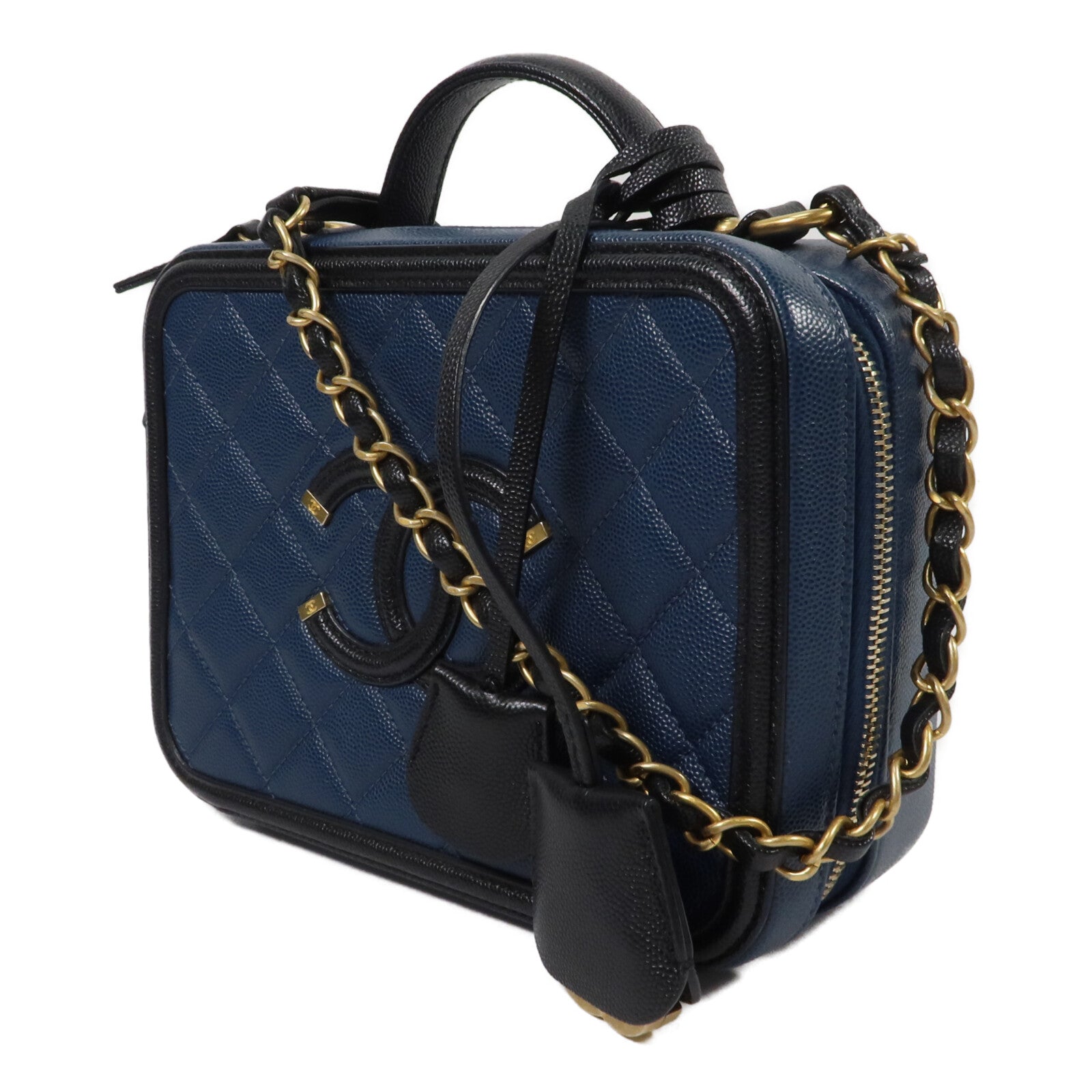 CHANEL 牛皮皮革CC Filigree Vanity Case Medium鏈帶手挽肩背兩用袋