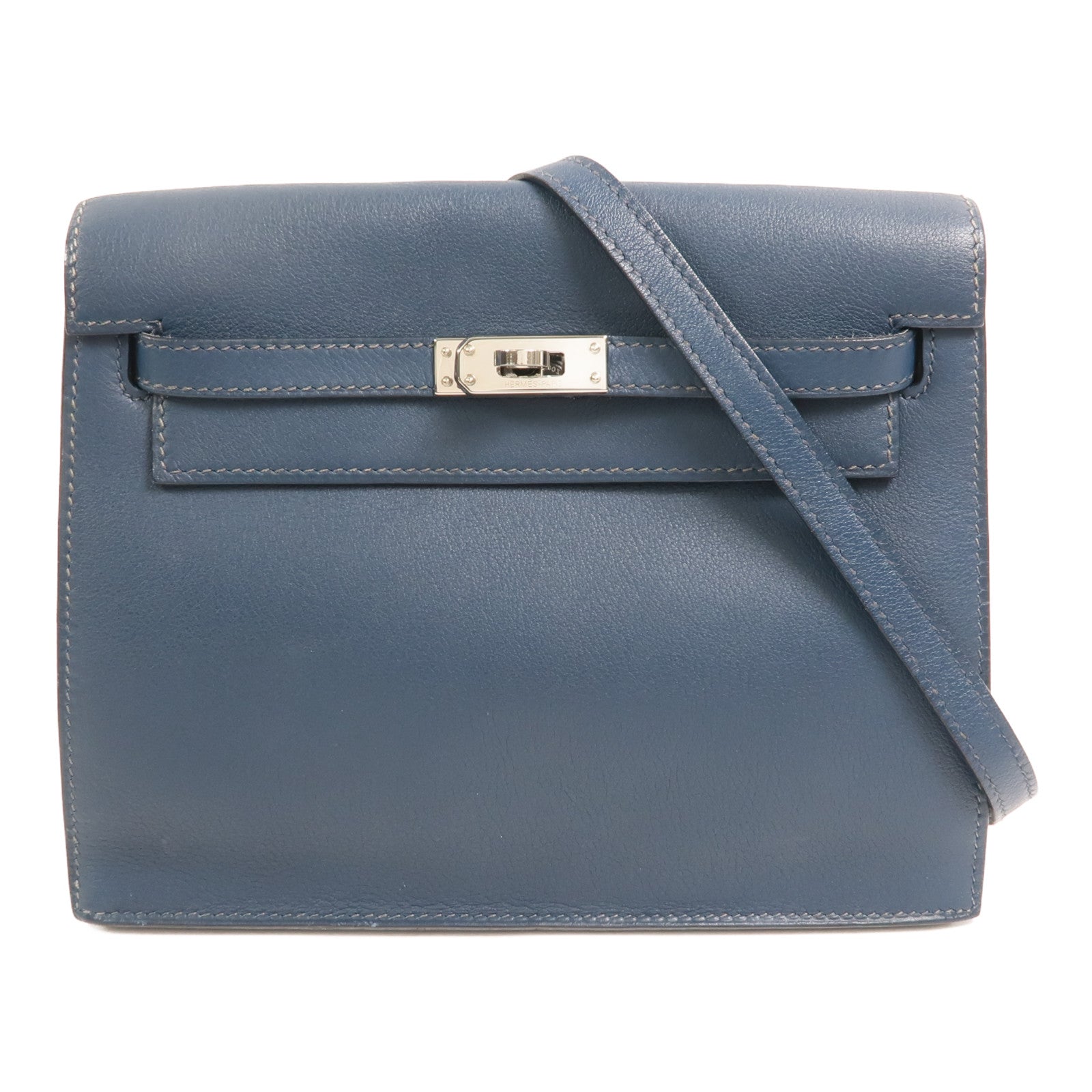 HERMES 【激減優惠】Evercolor皮革Kelly Dance銀扣肩背袋Deep Blue