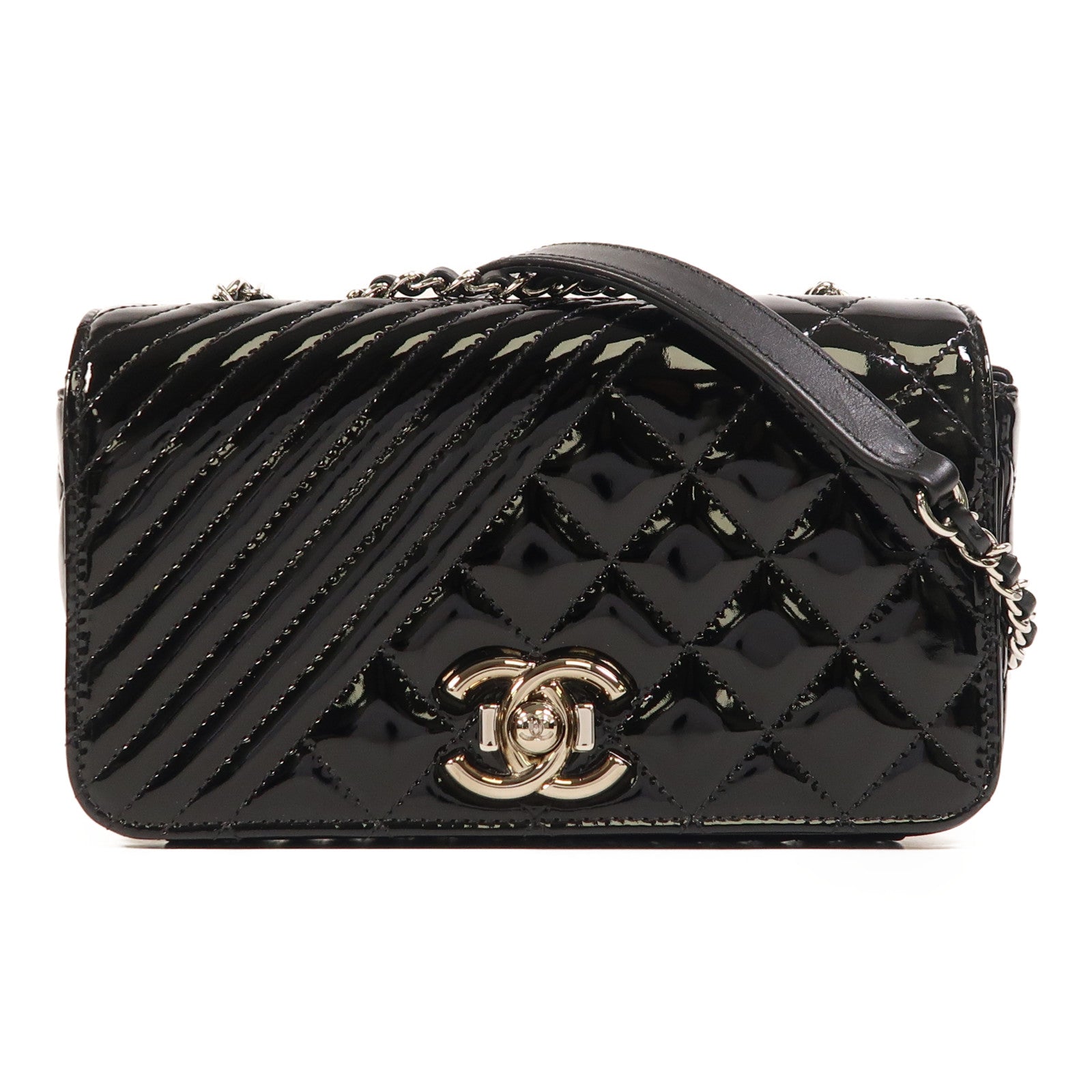 CHANEL 漆皮皮革Coco Boy Flap Bag銀扣鏈帶肩背袋